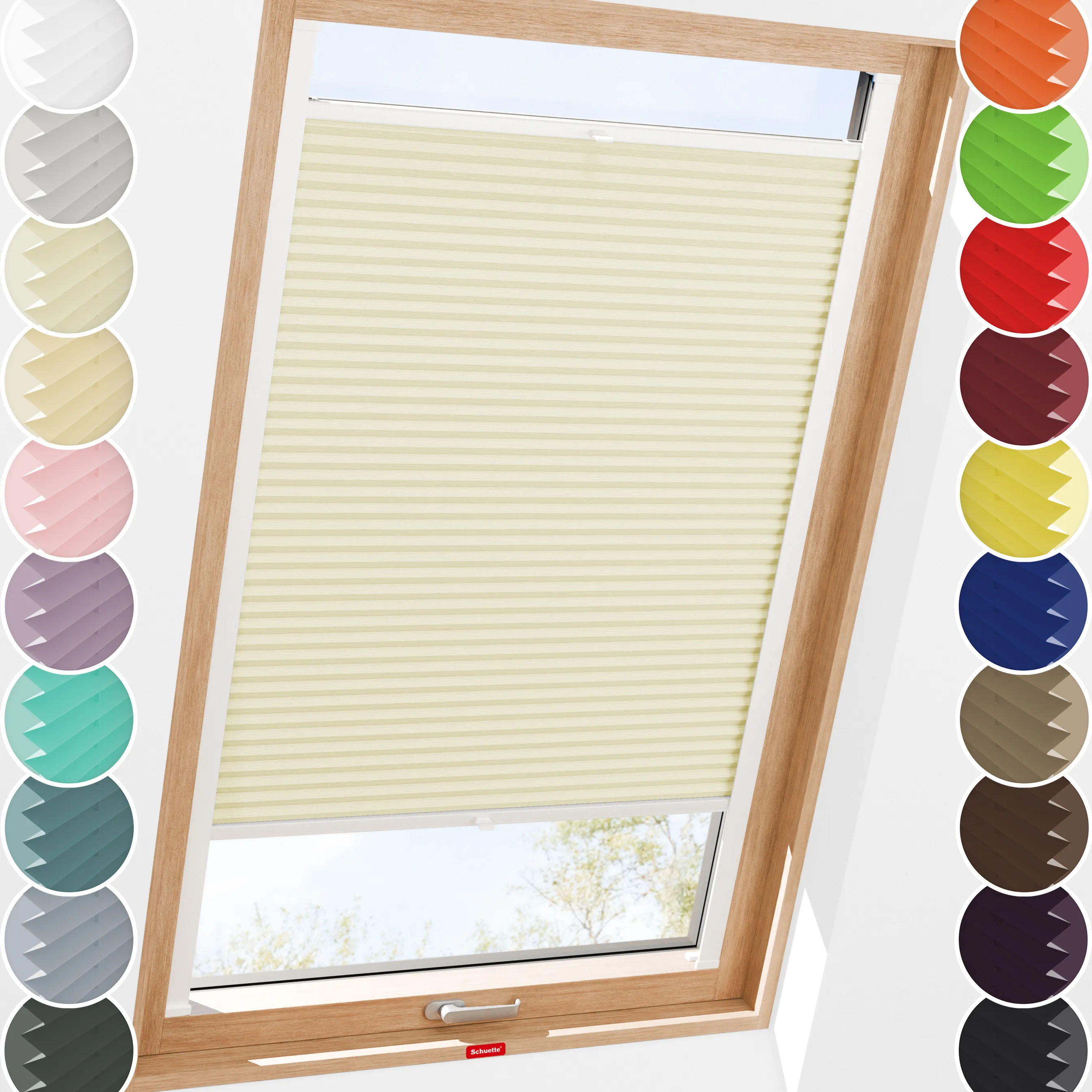 Schuette® Dachfenster Plissee nach Maß • Thermo Kollektion: Sandstone (Beige) • Profilfarbe: Walnuss