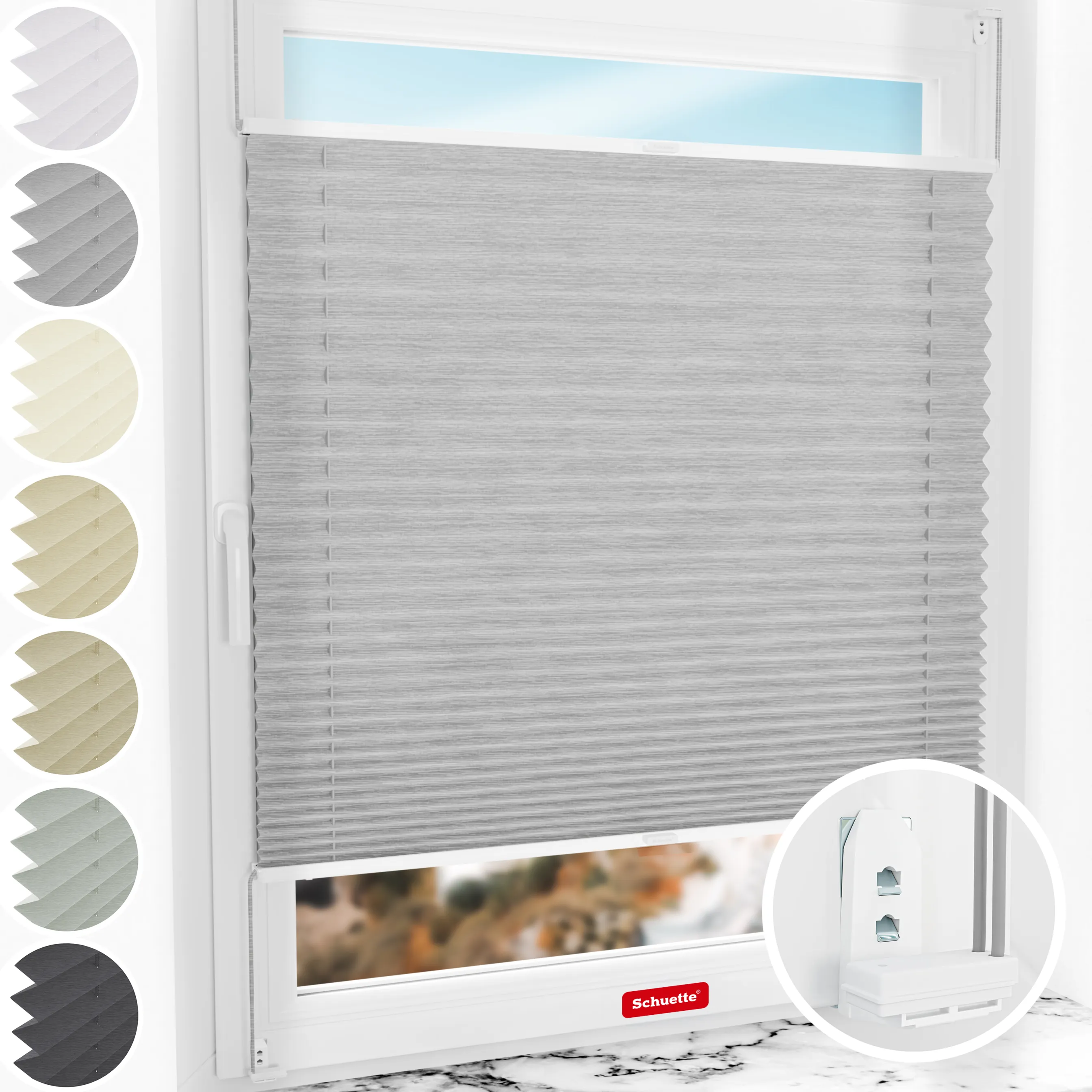 Schuette® Plissee mit Bohren nach Maß • Suprafix "Double 2in1" Schraub- & Klemmhalter • Dolomite Kollektion: Storm Gray (Grau) • Profilfarbe: Weiß