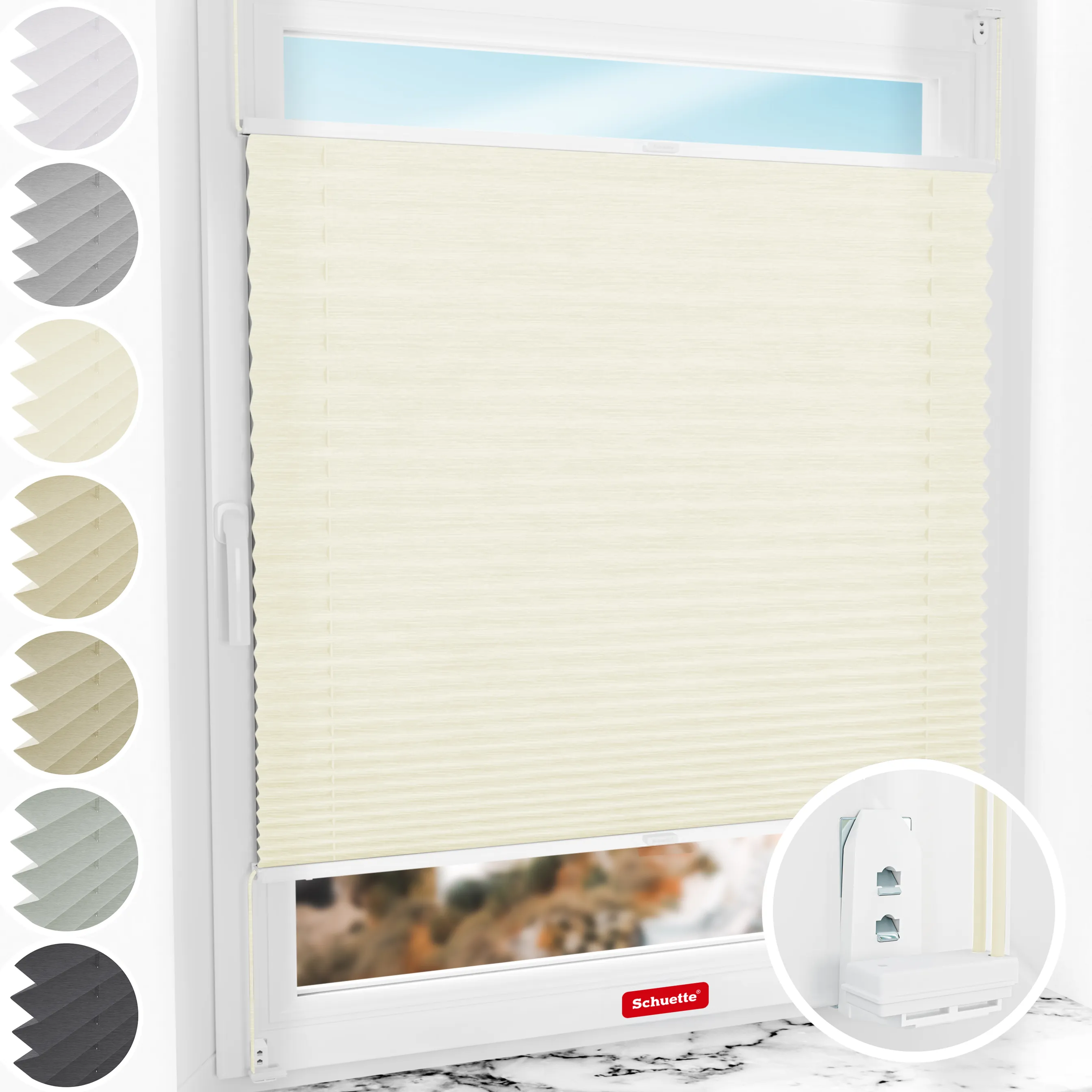 Schuette® Plissee mit Bohren nach Maß • Suprafix "Double 2in1" Schraub- & Klemmhalter • Dolomite Kollektion: Vanilla Sky (Beige) • Profilfarbe: Weiß