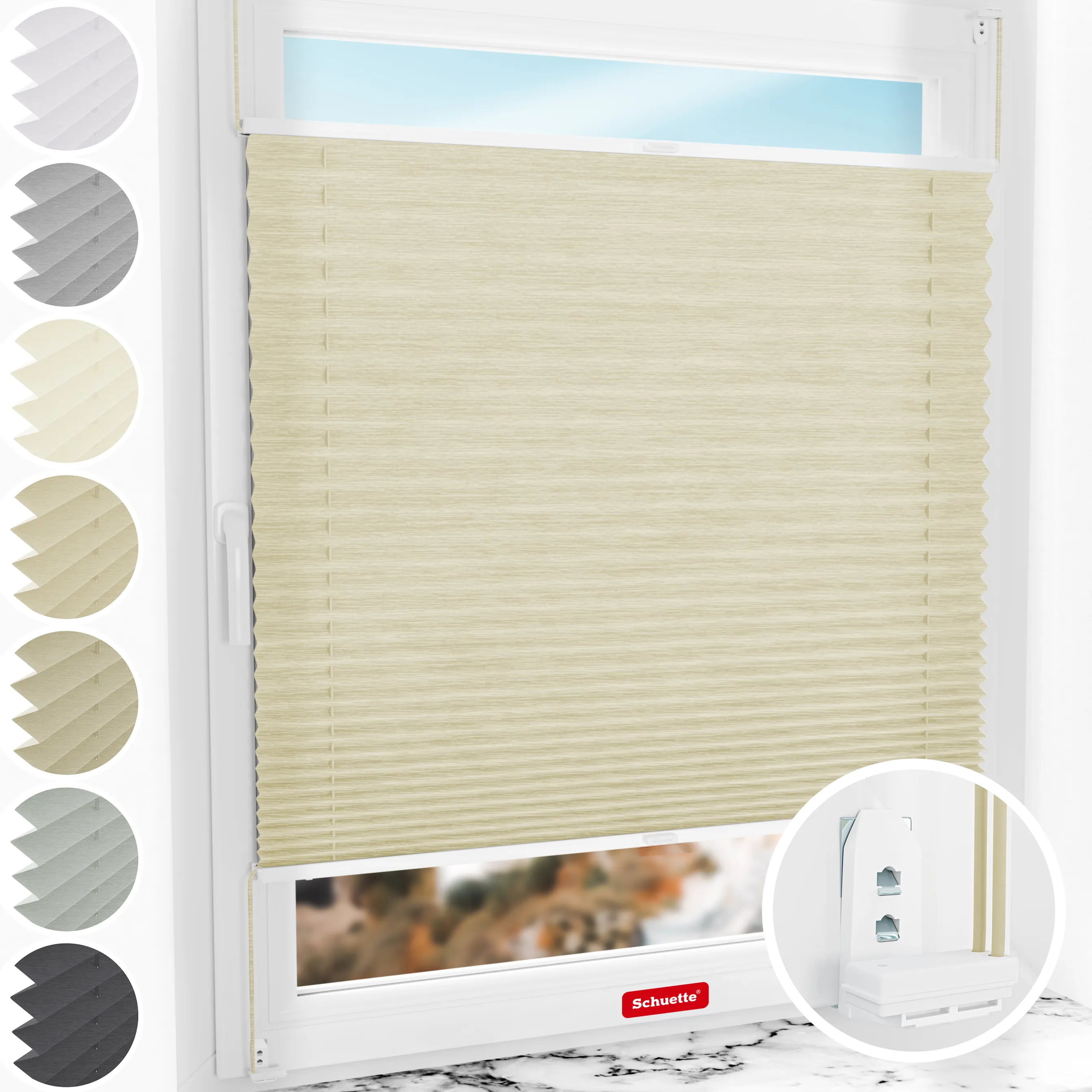 Schuette® Plissee mit Bohren nach Maß • Suprafix "Double 2in1" Schraub- & Klemmhalter • Dolomite Kollektion: Wet Stand (Beige) • Profilfarbe: Weiß