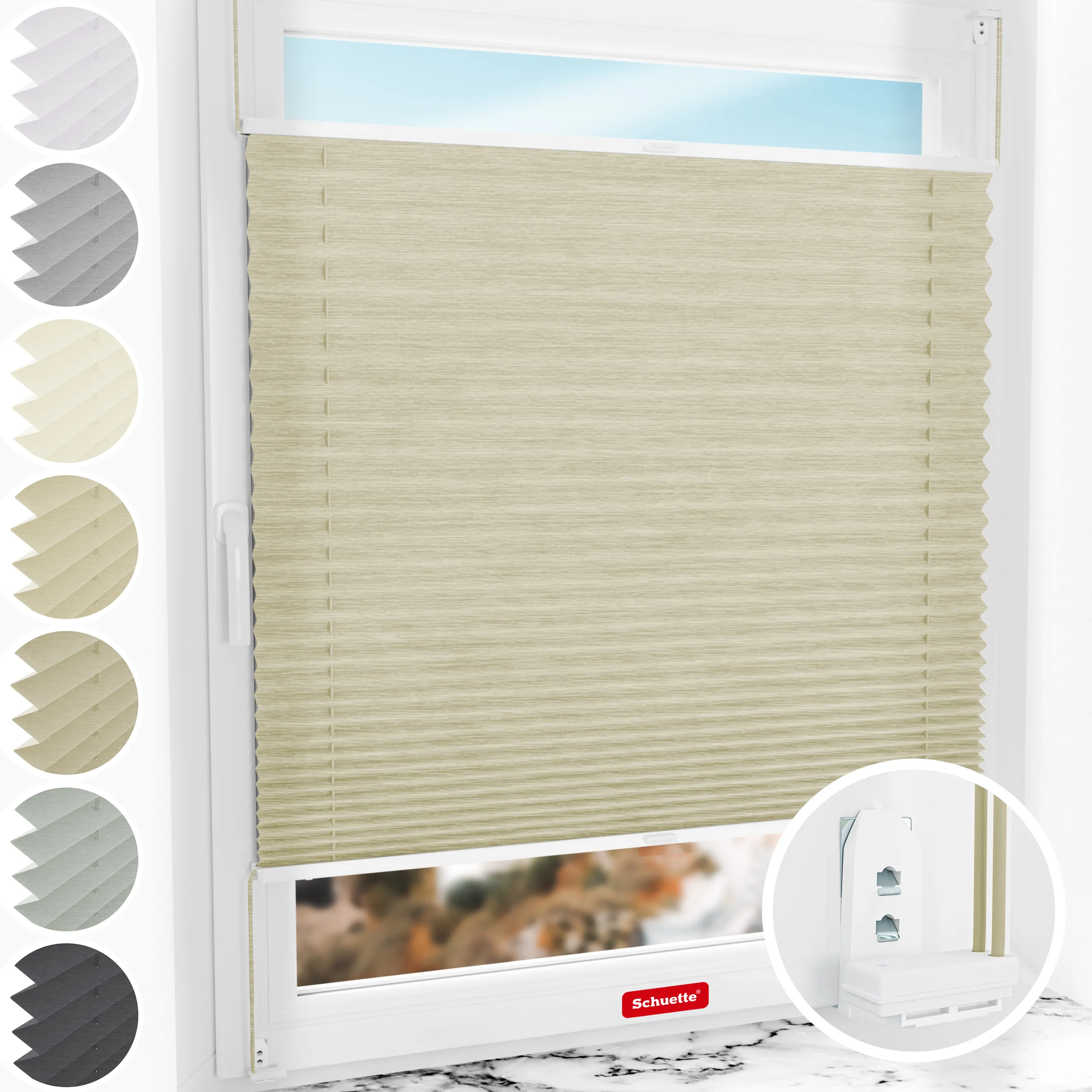 Schuette® Plissee mit Bohren nach Maß • Suprafix "Double 2in1" Schraub- & Klemmhalter • Dolomite Kollektion: Light Coffee (Beige) • Profilfarbe: Weiß