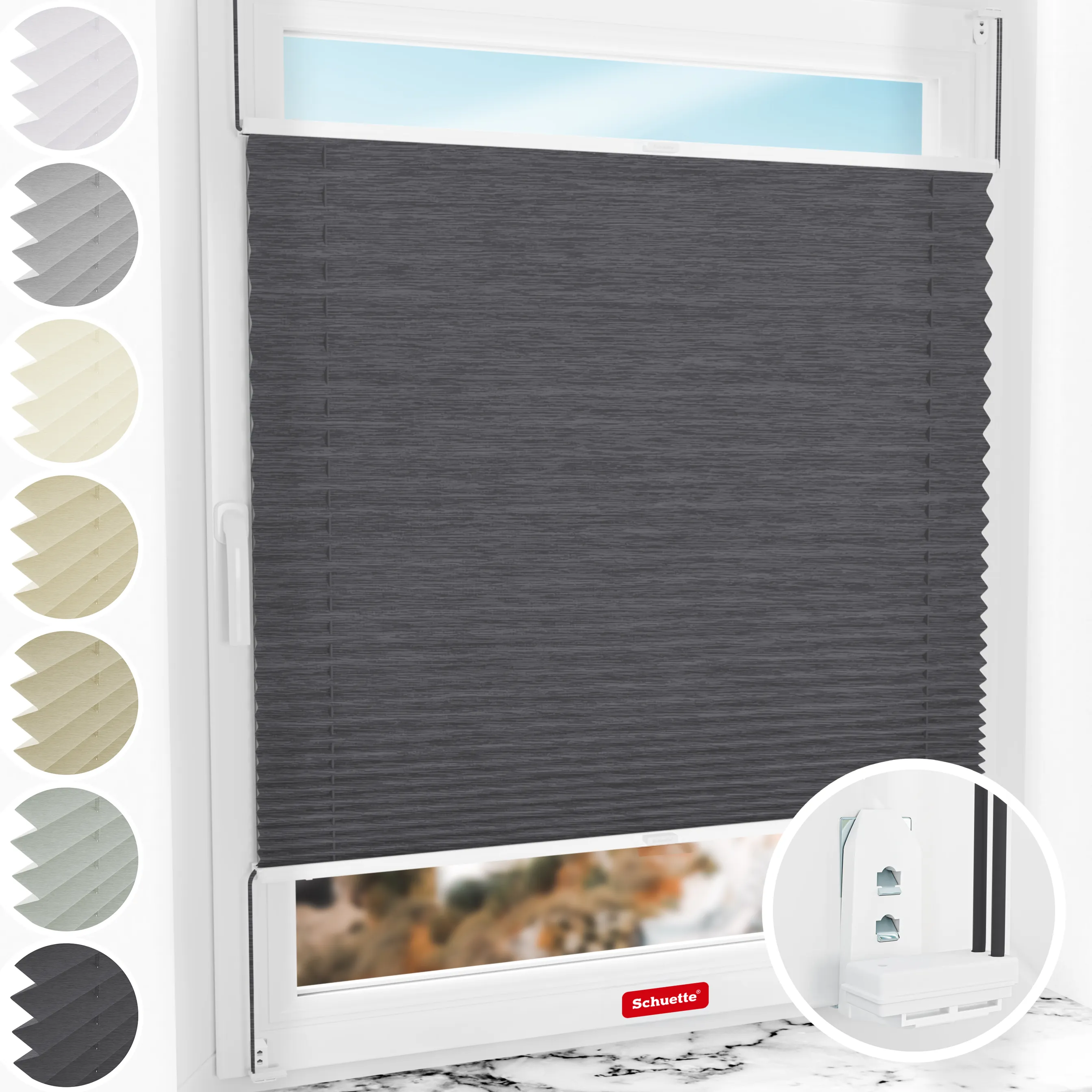 Schuette® Plissee mit Bohren nach Maß • Suprafix "Double 2in1" Schraub- & Klemmhalter • Dolomite Kollektion: Dark Vintage (Grau) • Profilfarbe: Weiß