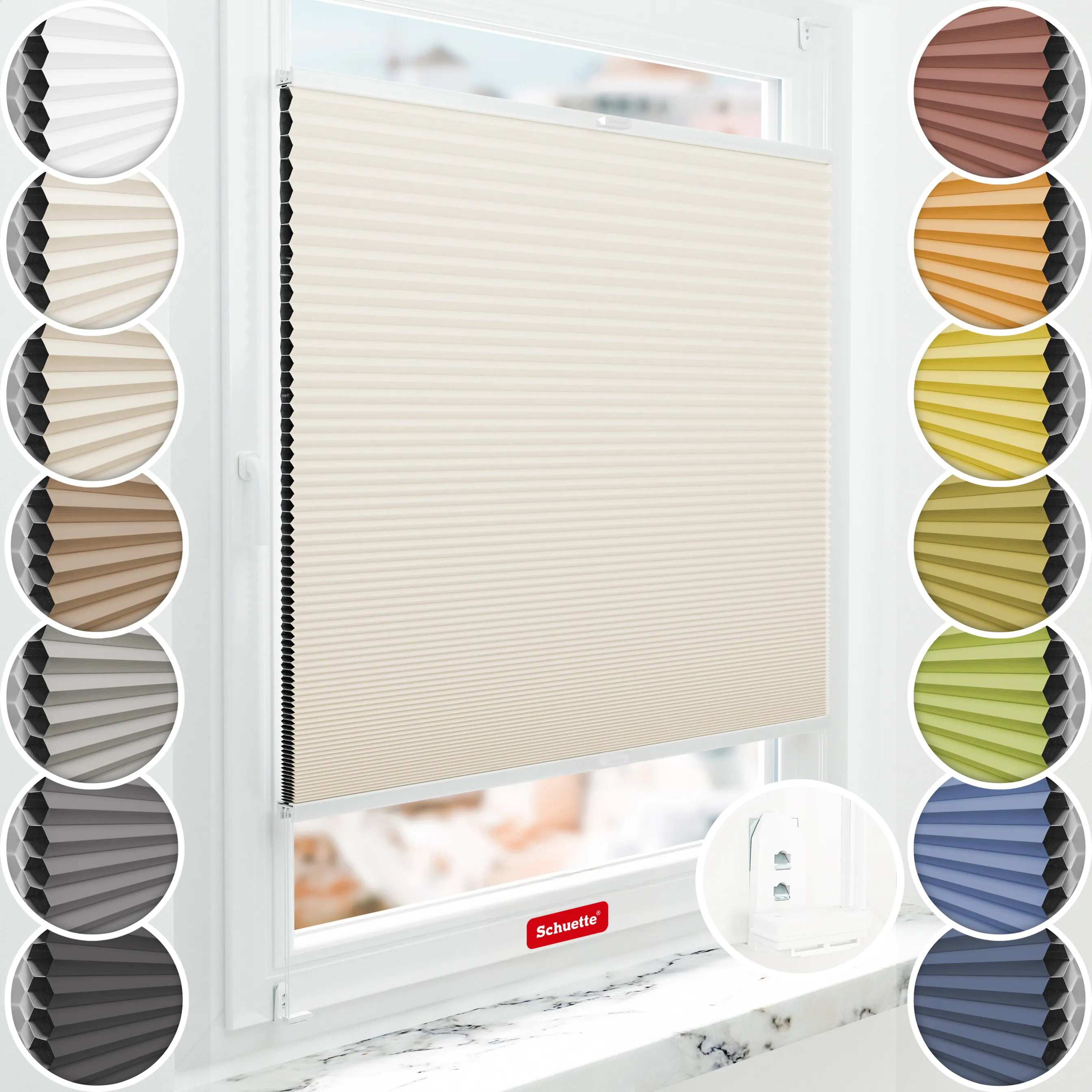 Schuette® Wabenplissee mit Bohren nach Maß • Suprafix "Double 2in1" Schraub- & Klemmhalter • Honey Kollektion: Calm Coast (Beige) • Profilfarbe: Weiß