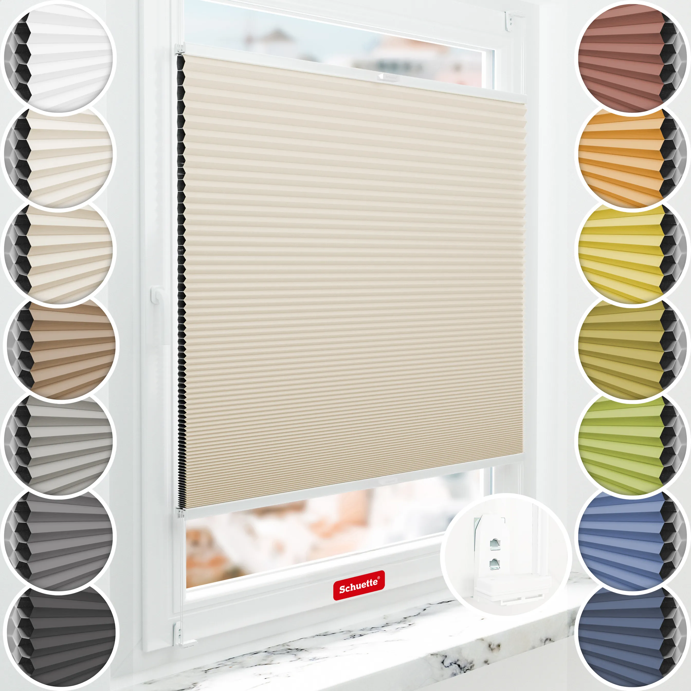 Schuette® Wabenplissee mit Bohren nach Maß • Suprafix "Double 2in1" Schraub- & Klemmhalter • Honey Kollektion: The Dune (Beige) • Profilfarbe: Weiß