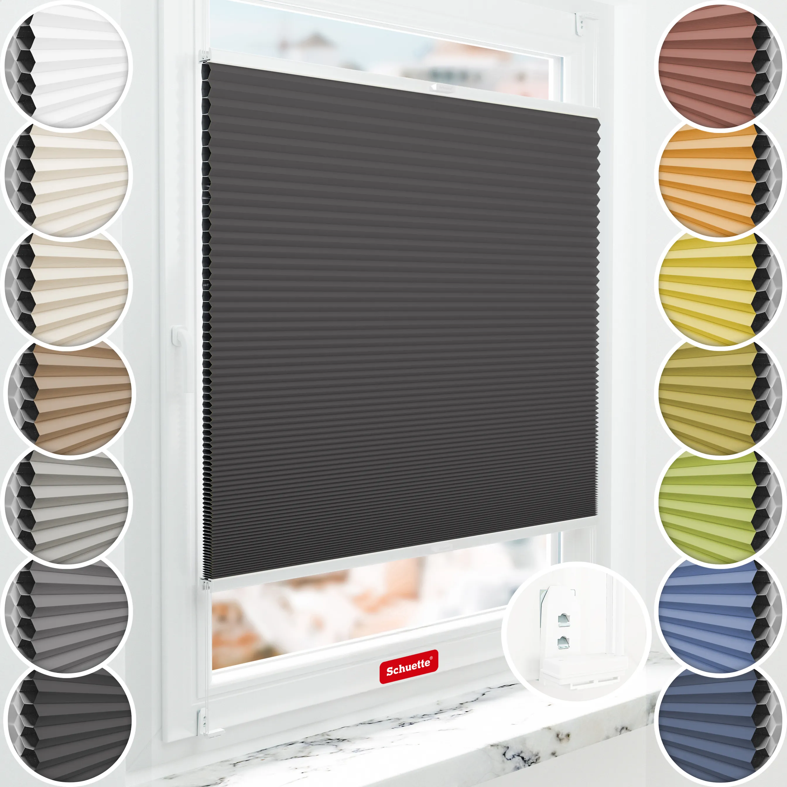 Schuette® Wabenplissee mit Bohren nach Maß • Suprafix "Double 2in1" Schraub- & Klemmhalter • Honey Kollektion: Starry Night (Schwarz) • Profilfarbe: Weiß