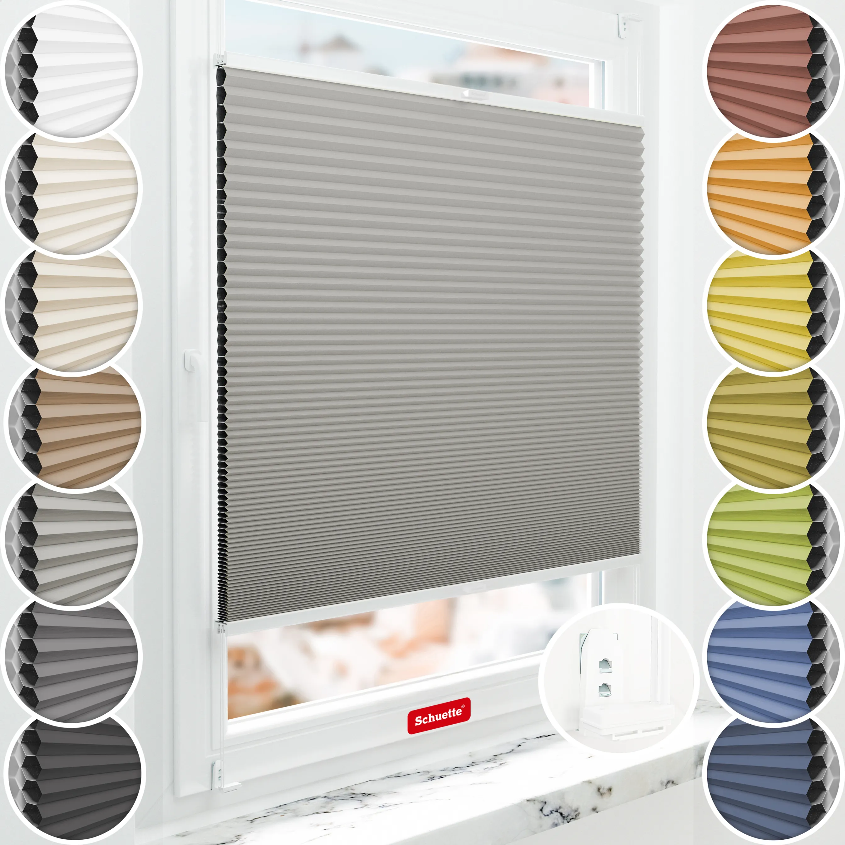 Schuette® Wabenplissee mit Bohren nach Maß • Suprafix "Double 2in1" Schraub- & Klemmhalter • Honey Kollektion: Silver Mist (Grau) • Profilfarbe: Weiß