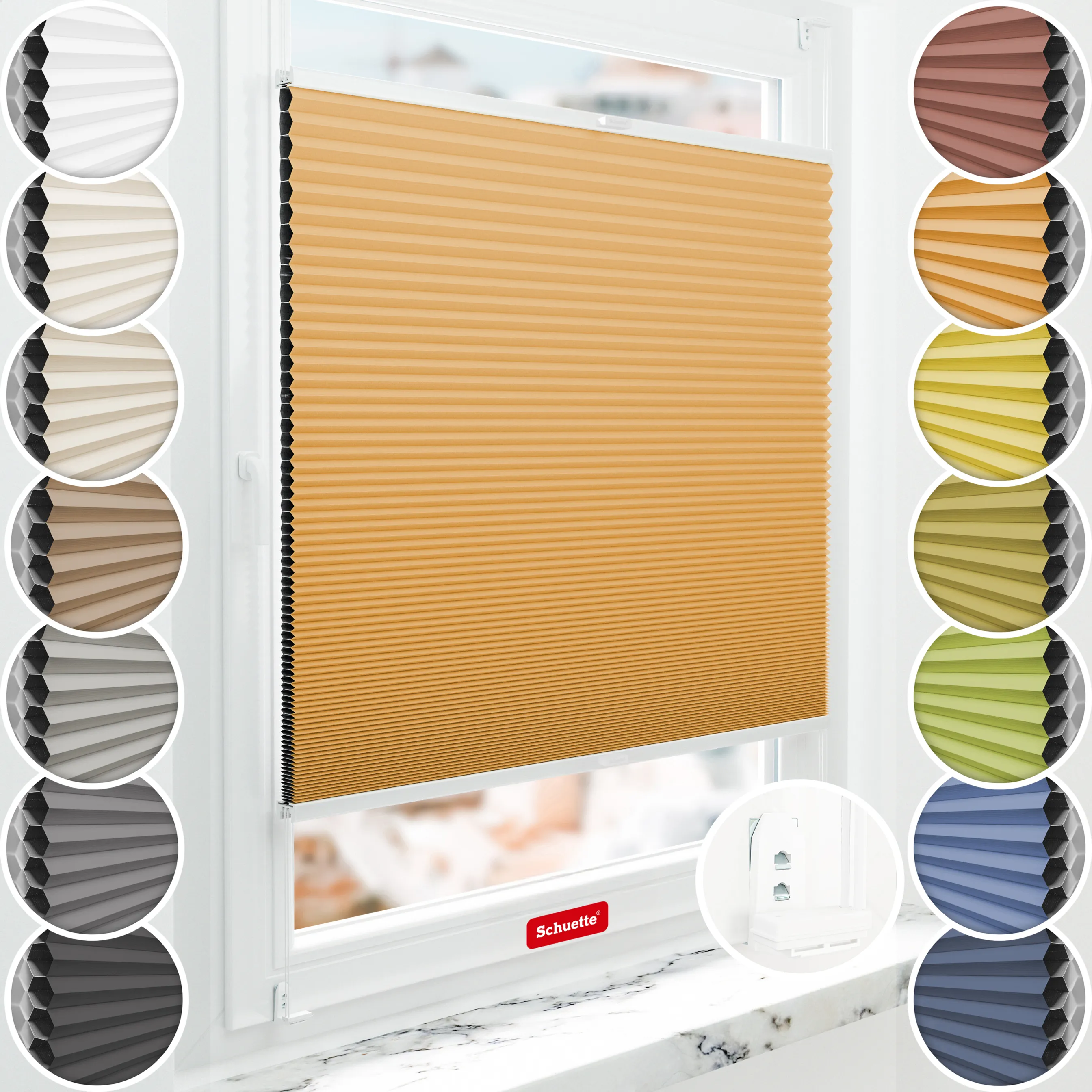 Schuette® Wabenplissee mit Bohren nach Maß • Suprafix "Double 2in1" Schraub- & Klemmhalter • Honey Kollektion: Citrus Glow (Orange) • Profilfarbe: Weiß