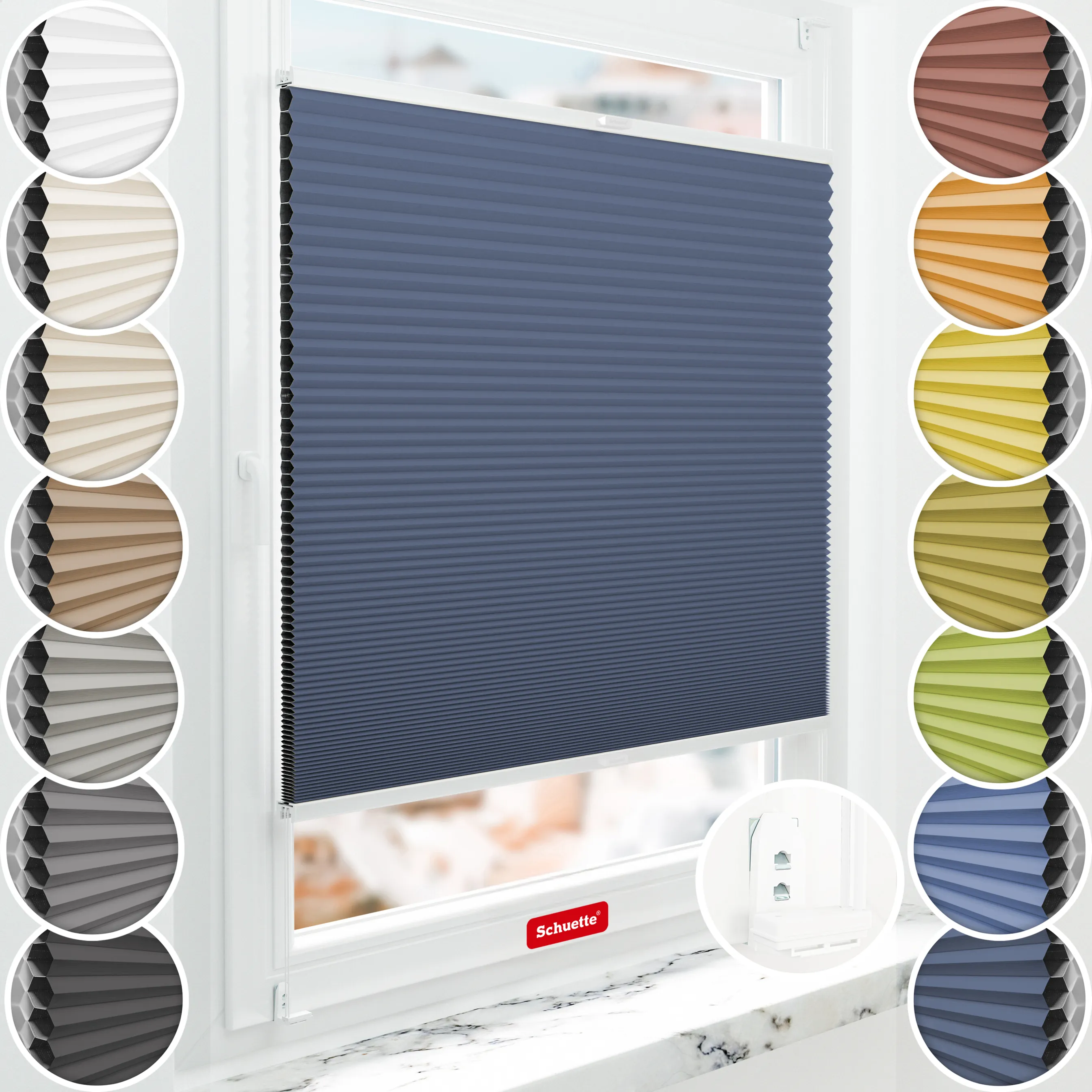 Schuette® Wabenplissee mit Bohren nach Maß • Suprafix "Double 2in1" Schraub- & Klemmhalter • Honey Kollektion: Arctic Ocean (Dunkelblau) • Profilfarbe: Weiß