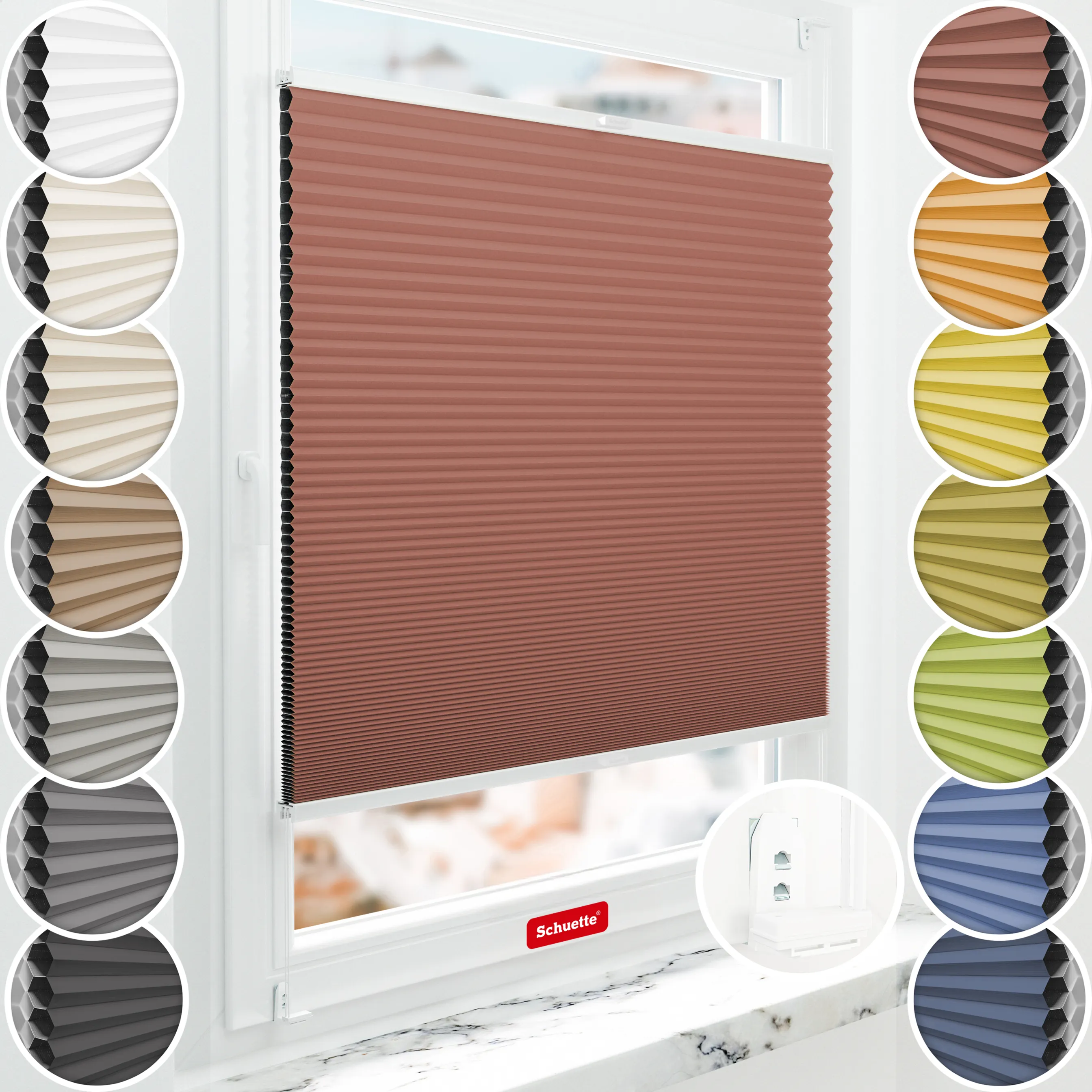 Schuette® Wabenplissee mit Bohren nach Maß • Suprafix "Double 2in1" Schraub- & Klemmhalter • Honey Kollektion: Poppy Petal (Dunkelrot) • Profilfarbe: Weiß