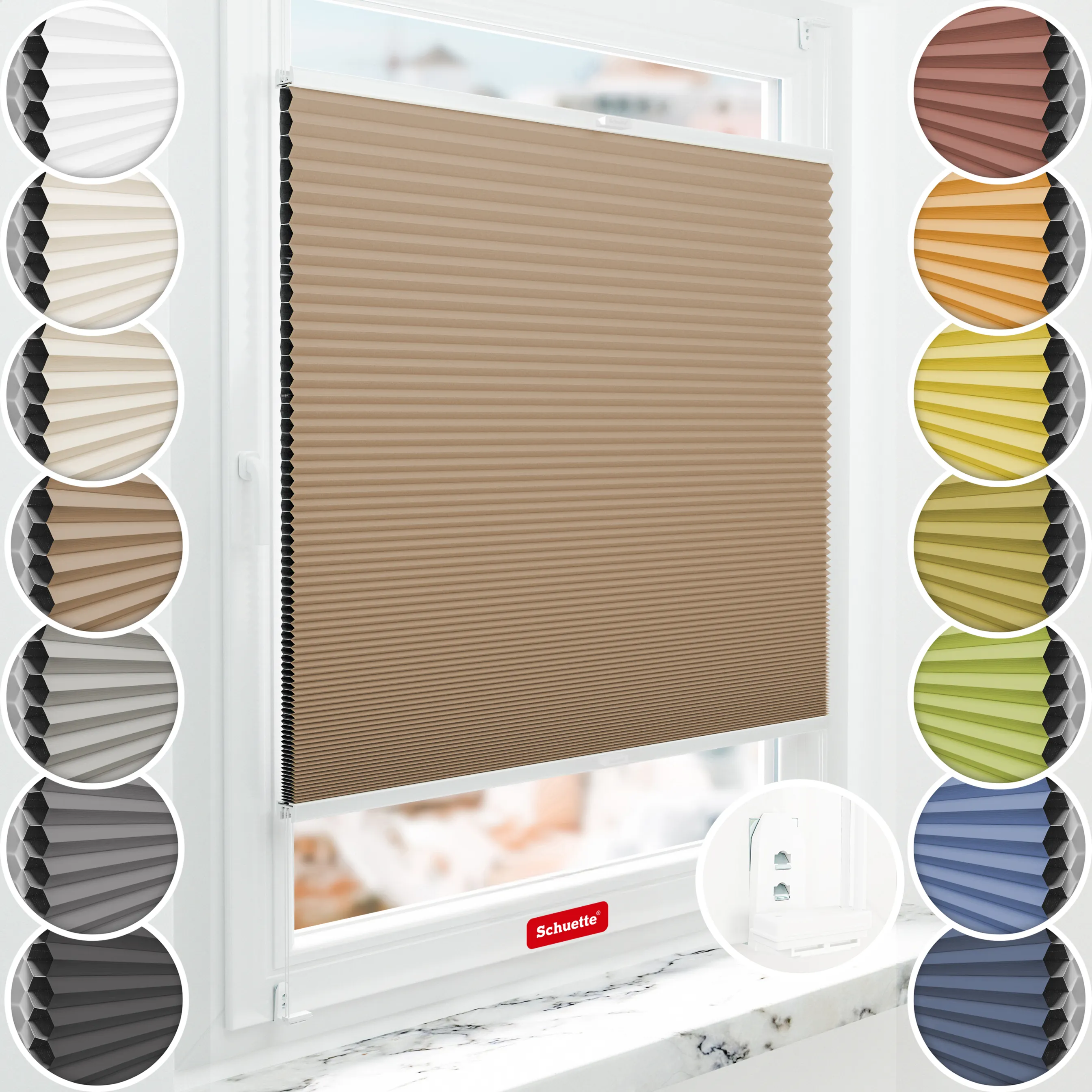 Schuette® Wabenplissee mit Bohren nach Maß • Suprafix "Double 2in1" Schraub- & Klemmhalter • Honey Kollektion: Maple Wood (Braun) • Profilfarbe: Weiß