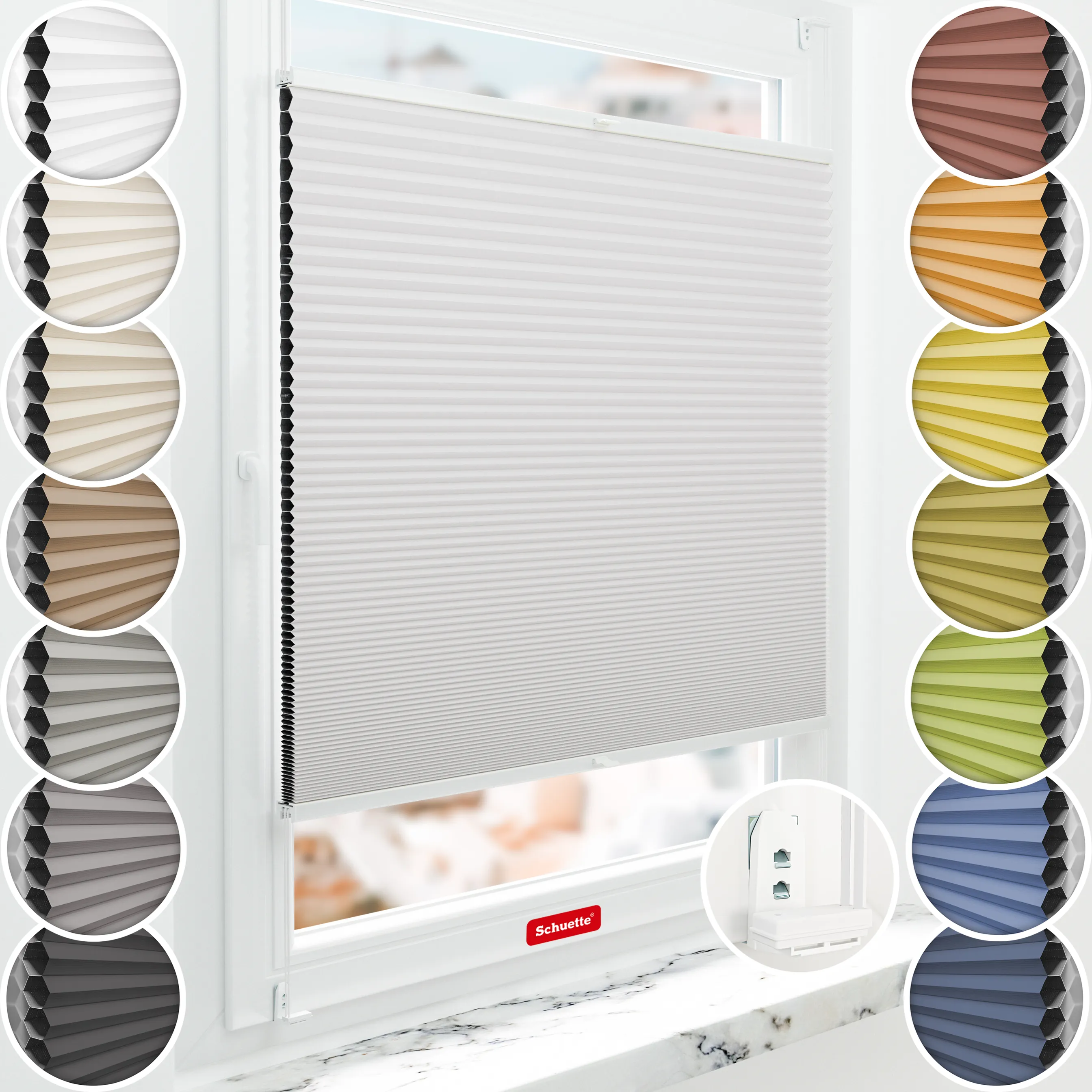 Schuette® Wabenplissee ohne Bohren nach Maß • Suprafix Klemmhalter “Double 2in1” • Honey Kollektion: Gray-zy in Love (Pastellgrau) • Profilfarbe: Weiß