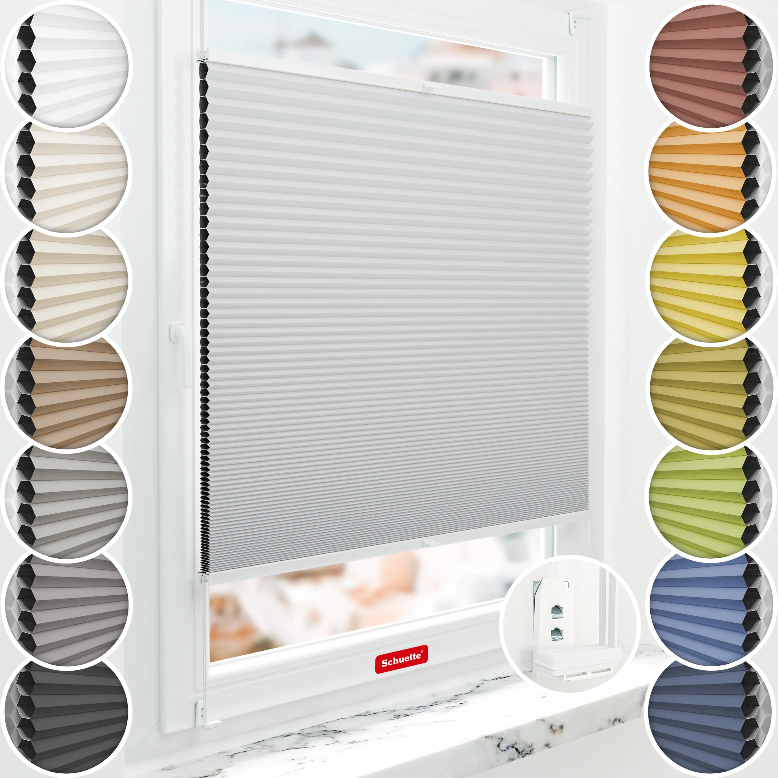 Schuette® Wabenplissee ohne Bohren nach Maß • Suprafix Klemmhalter “Double 2in1” • Honey Kollektion: Skyfall (Hellgrau) • Profilfarbe: Weiß