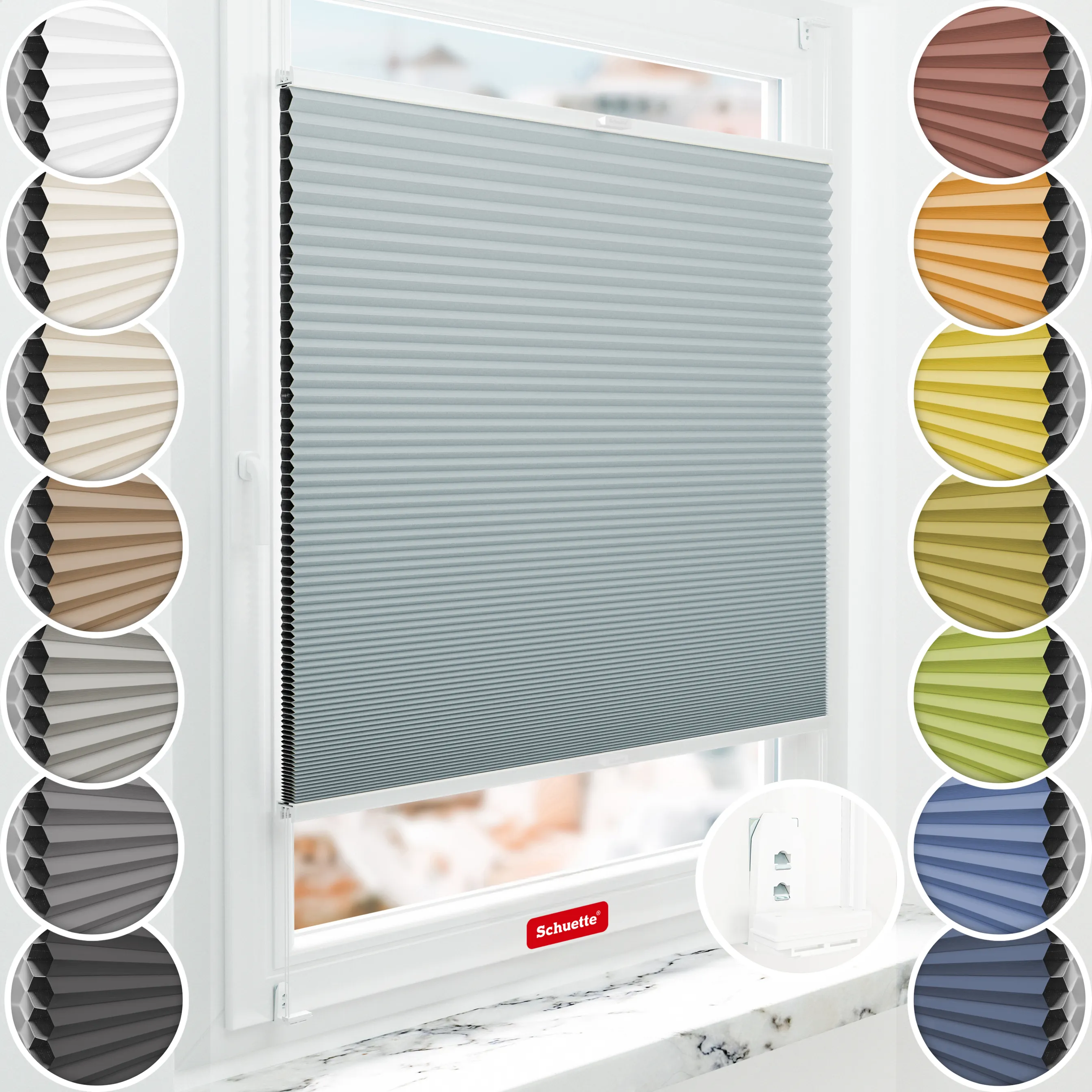 Schuette® Wabenplissee mit Bohren nach Maß • Suprafix "Double 2in1" Schraub- & Klemmhalter • Honey Kollektion: Cloud Nine (Pastellblau) • Profilfarbe: Weiß