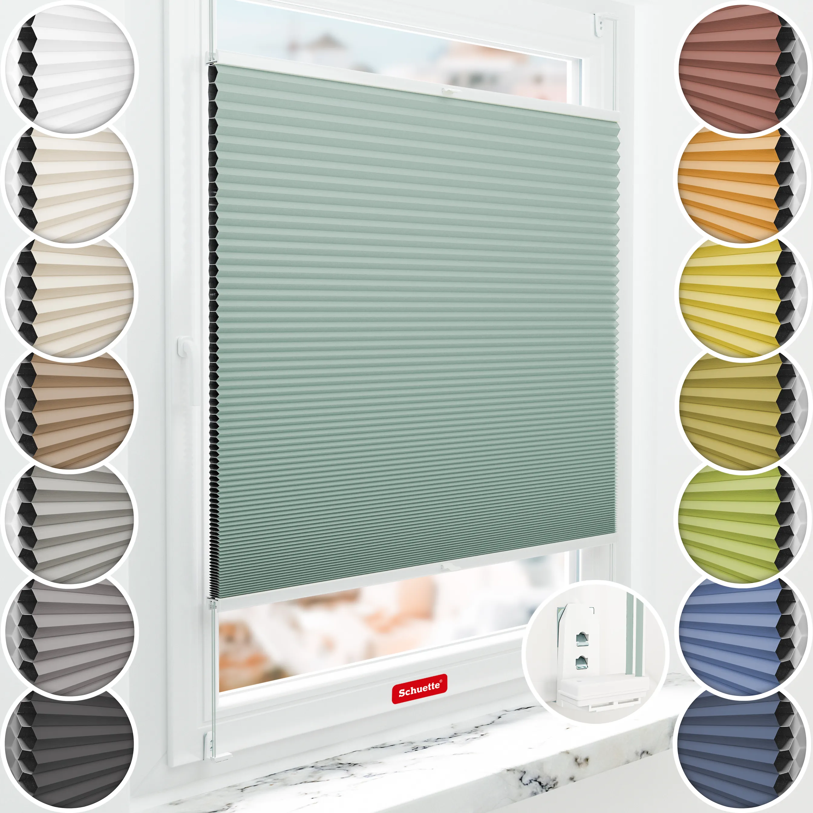 Schuette® Wabenplissee mit Bohren nach Maß • Suprafix "Double 2in1" Schraub- & Klemmhalter • Honey Kollektion: Wicked Emerald (Blassgrün) • Profilfarbe: Weiß