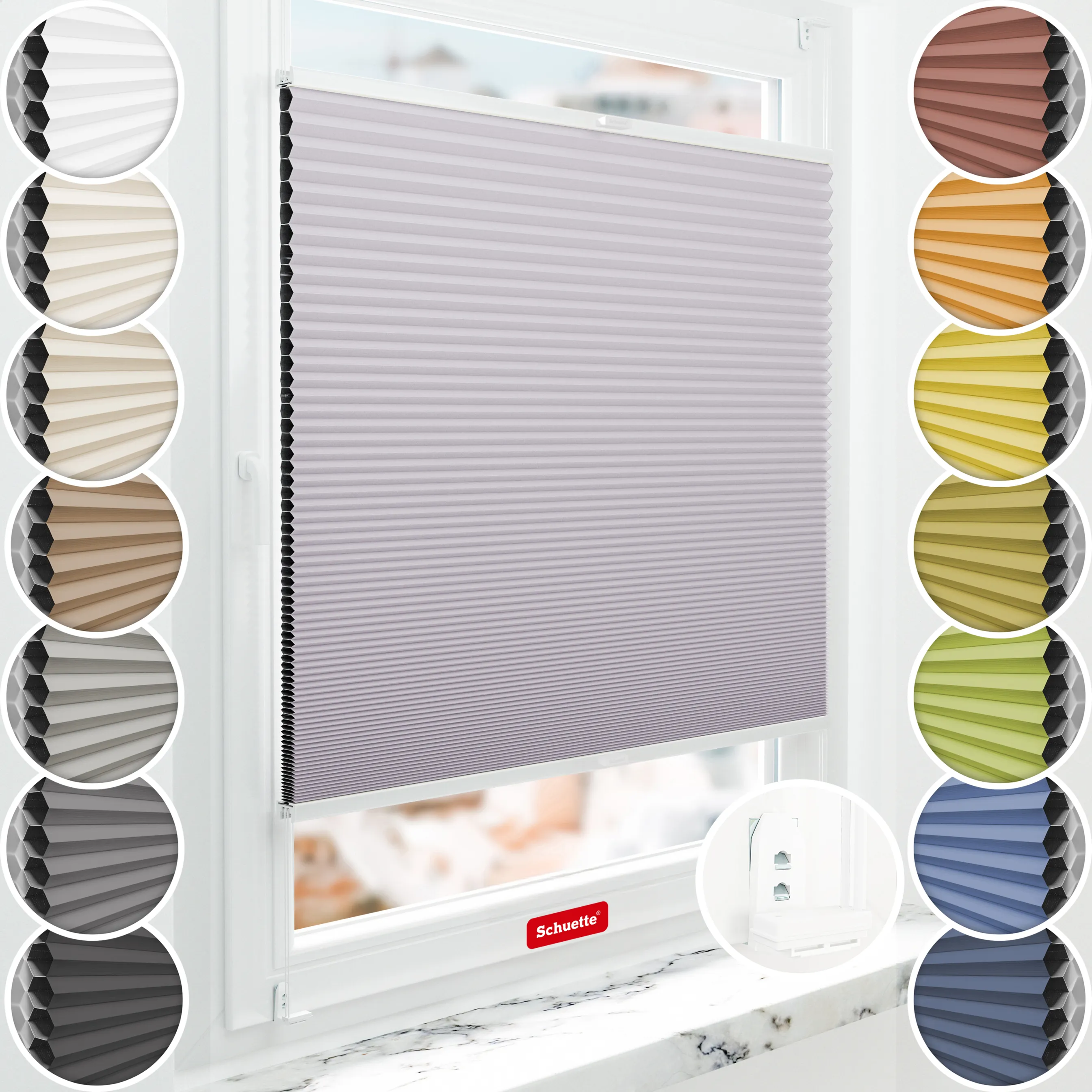 Schuette® Wabenplissee mit Bohren nach Maß • Suprafix "Double 2in1" Schraub- & Klemmhalter• Honey Kollektion: Sakura Sky (Pastelllila) • Profilfarbe: Weiß