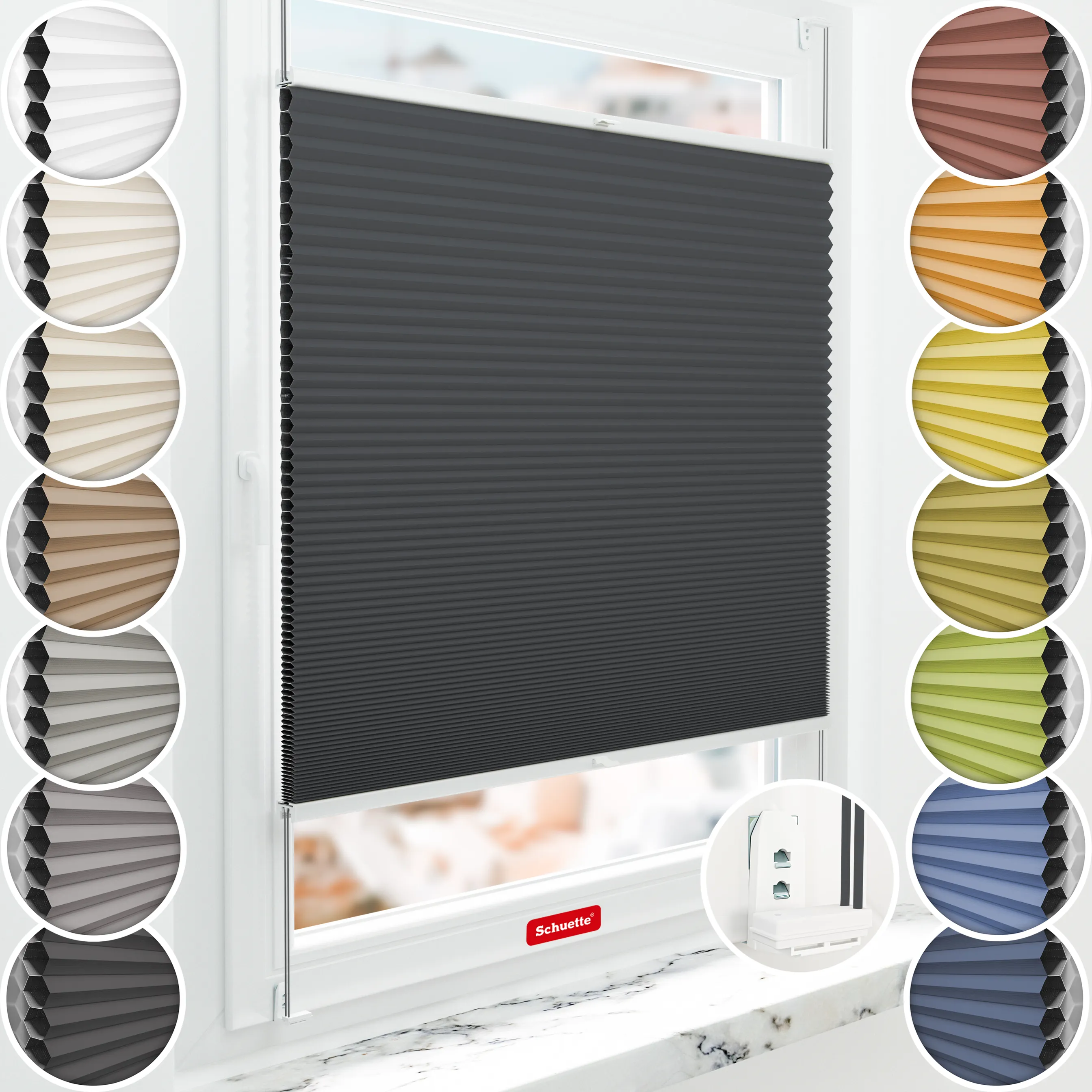 Schuette® Wabenplissee mit Bohren nach Maß • Suprafix "Double 2in1" Schraub- & Klemmhalter • Honey Kollektion: Night Rider (Anthrazit) • Profilfarbe: Weiß