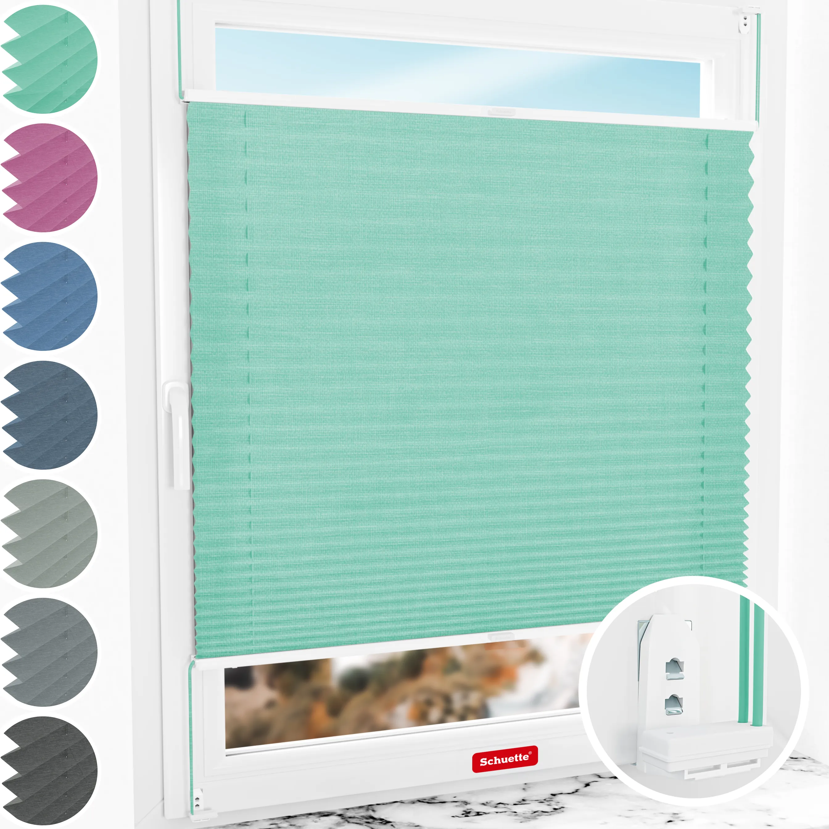 Schuette® Plissee mit Bohren nach Maß • Suprafix "Double 2in1" Schraub- & Klemmhalter • Melange Kollektion: Mint Ice Cream (Grün) • Profilfarbe: Weiß