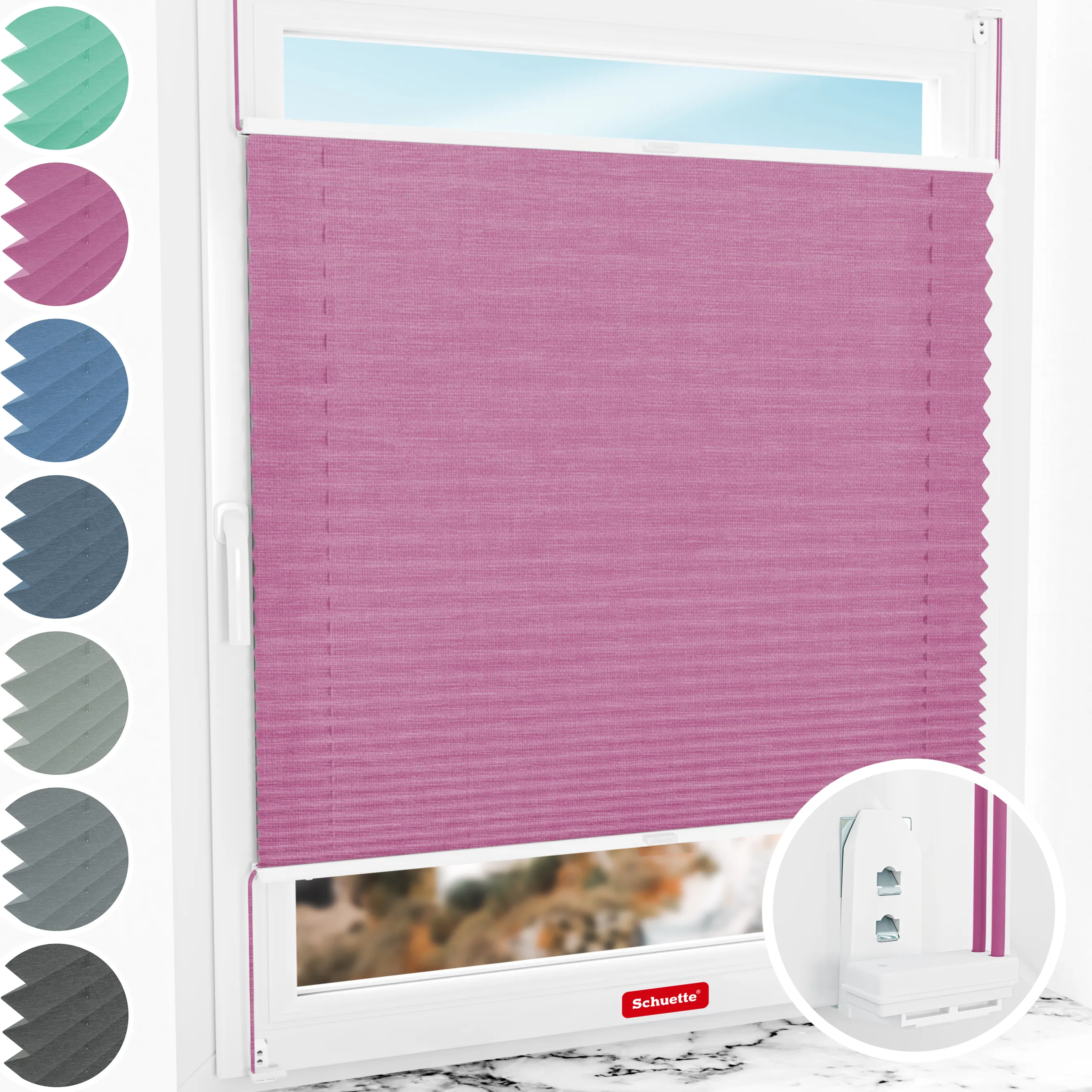 Schuette® Plissee mit Bohren nach Maß • Suprafix "Double 2in1" Schraub- & Klemmhalter • Melange Kollektion: Magic Pink (Rosa) • Profilfarbe: Weiß