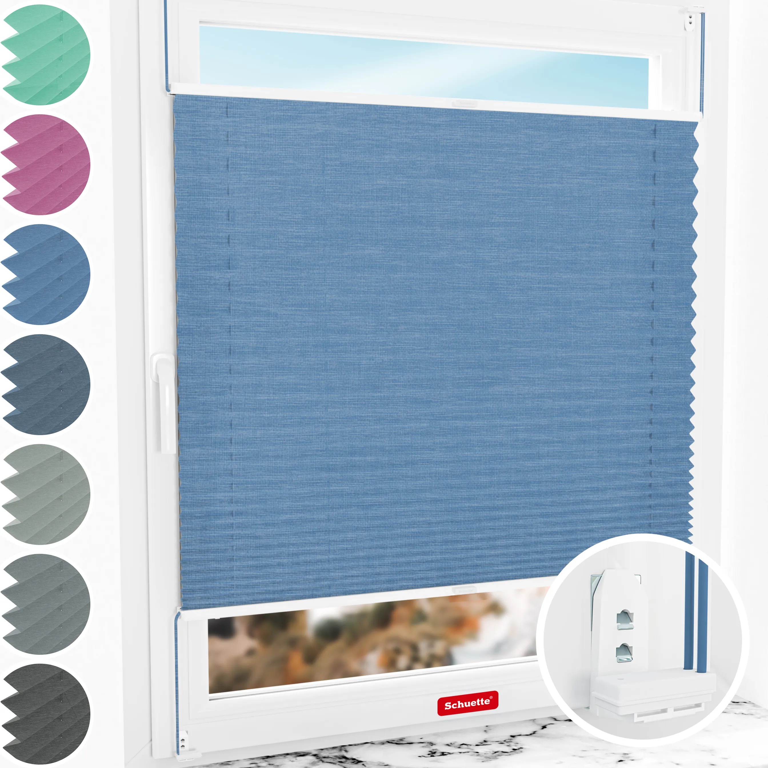 Schuette® Plissee mit Bohren nach Maß • Suprafix "Double 2in1" Schraub- & Klemmhalter • Melange Kollektion: Deep Sea (Blau) • Profilfarbe: Weiß