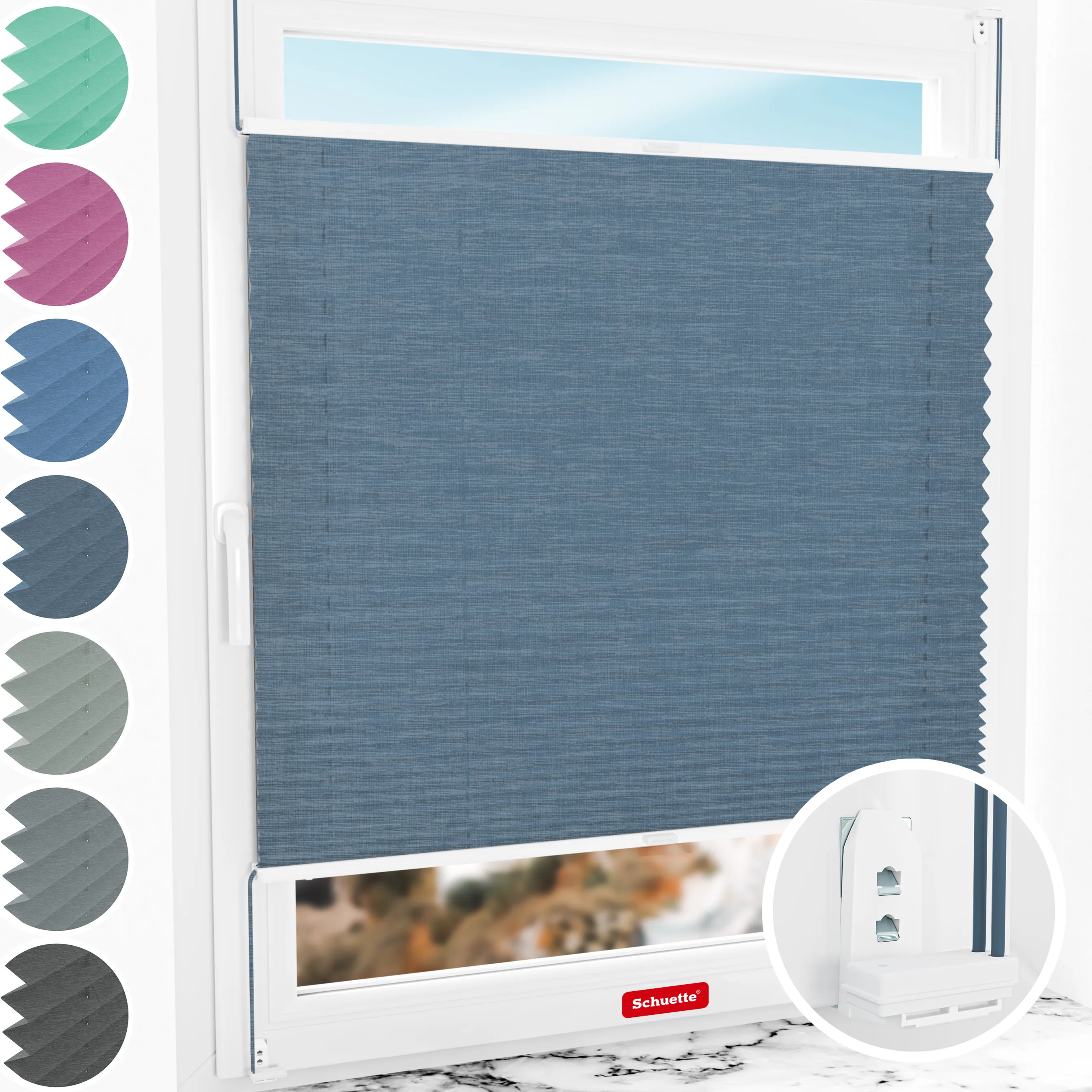 Schuette® Plissee mit Bohren nach Maß • Suprafix "Double 2in1" Schraub- & Klemmhalter • Melange Kollektion: After Rain (Blau) • Profilfarbe: Weiß