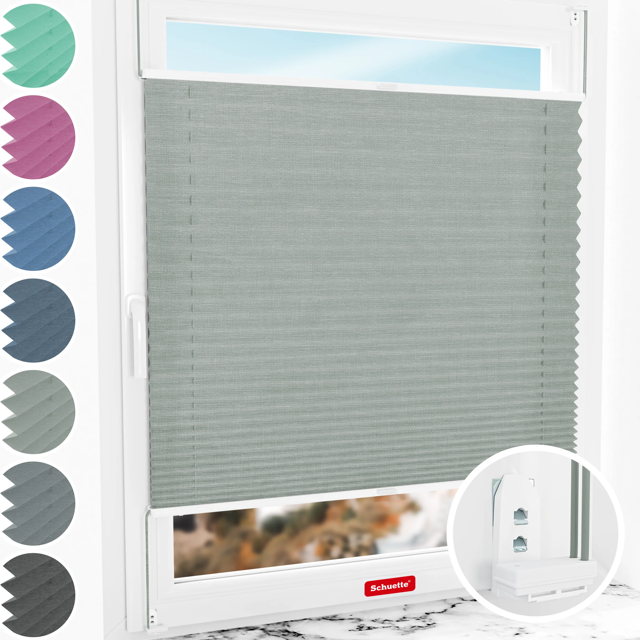 Schuette® Plissee mit Bohren nach Maß • Suprafix "Double 2in1" Schraub- & Klemmhalter • Melange Kollektion: On The Road (Grau) • Profilfarbe: Weiß