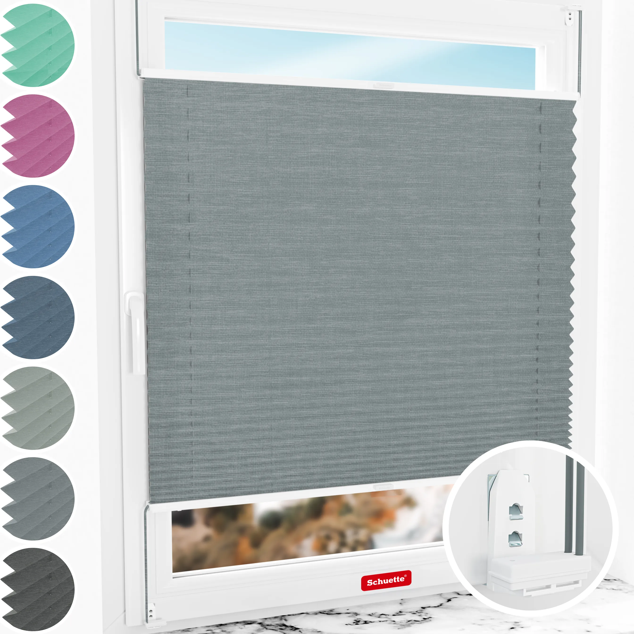 Schuette® Plissee mit Bohren nach Maß • Suprafix "Double 2in1" Schraub- & Klemmhalter • Melange Kollektion: Rocky Mountain (Grau) • Profilfarbe: Weiß