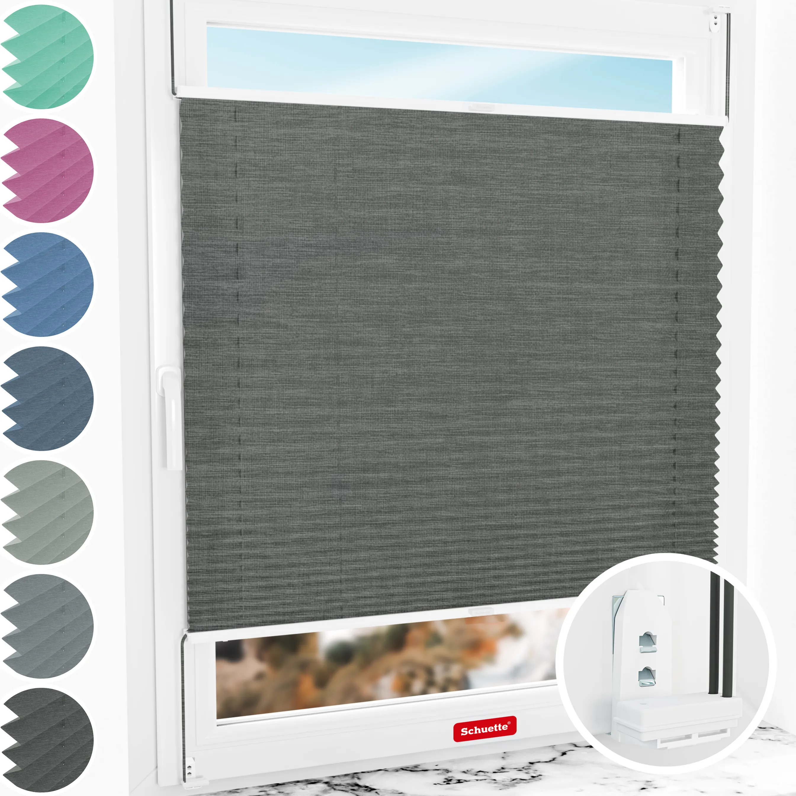 Schuette® Plissee mit Bohren nach Maß • Suprafix "Double 2in1" Schraub- & Klemmhalter • Melange Kollektion: Black Pearl (Schwarz) • Profilfarbe: Weiß