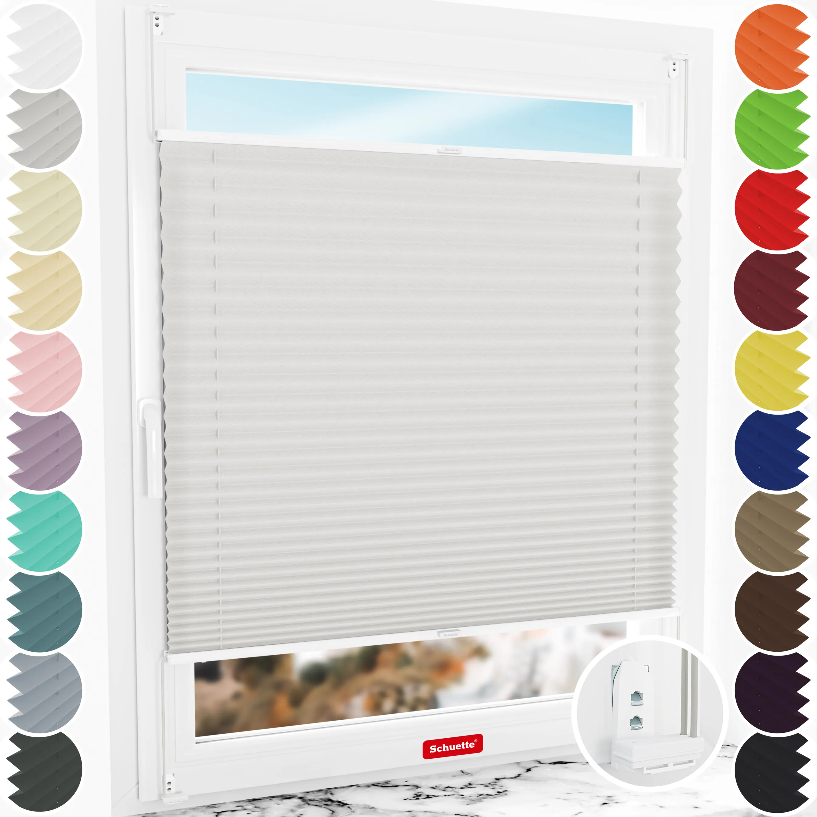 Schuette® Plissee mit Bohren nach Maß • Suprafix "Double 2in1" Schraub- & Klemmhalter • Premium Kollektion: A Way Home (Silber) • Profilfarbe: Weiß