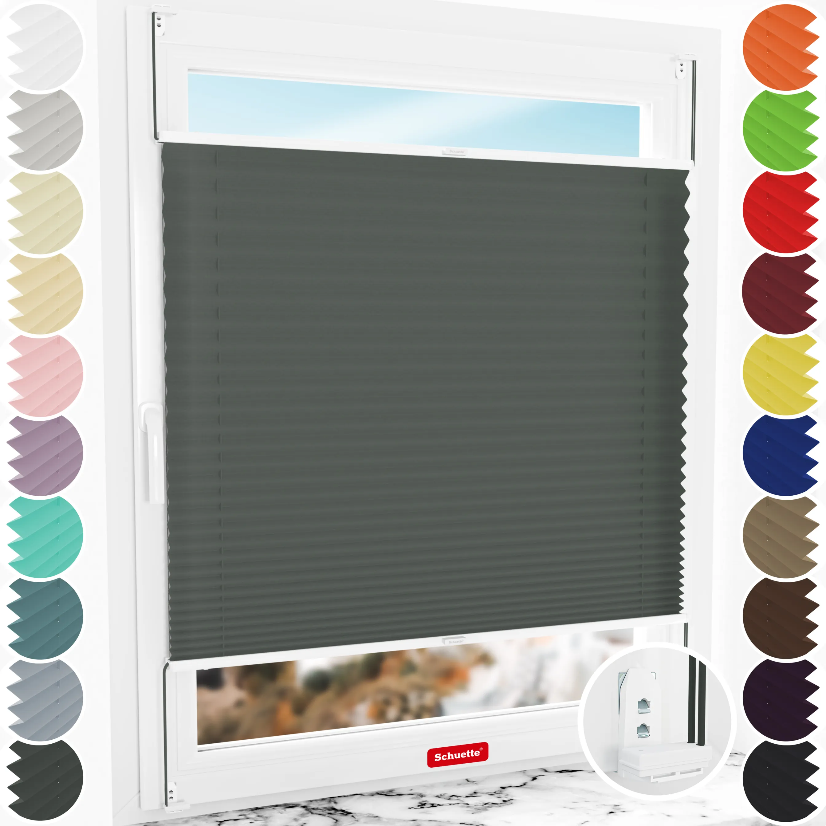 Schuette® Plissee mit Bohren nach Maß • Suprafix "Double 2in1" Schraub- & Klemmhalter • Premium Kollektion: Rocky Mountain (Graphit) • Profilfarbe: Weiß