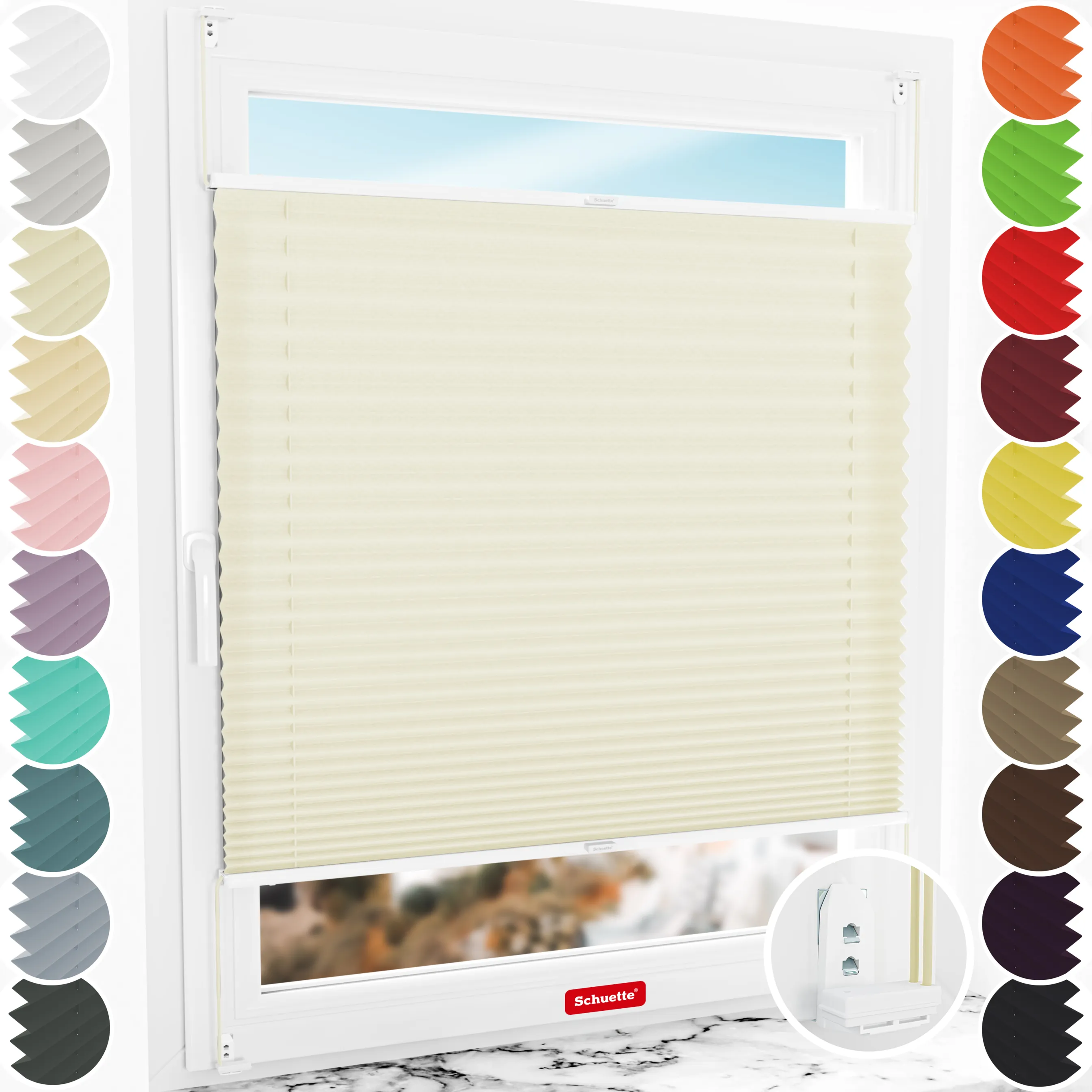 Schuette® Plissee mit Bohren nach Maß • Suprafix "Double 2in1" Schraub- & Klemmhalter • Premium Kollektion: Vanilla Ice Cream (Creme) • Profilfarbe: Weiß
