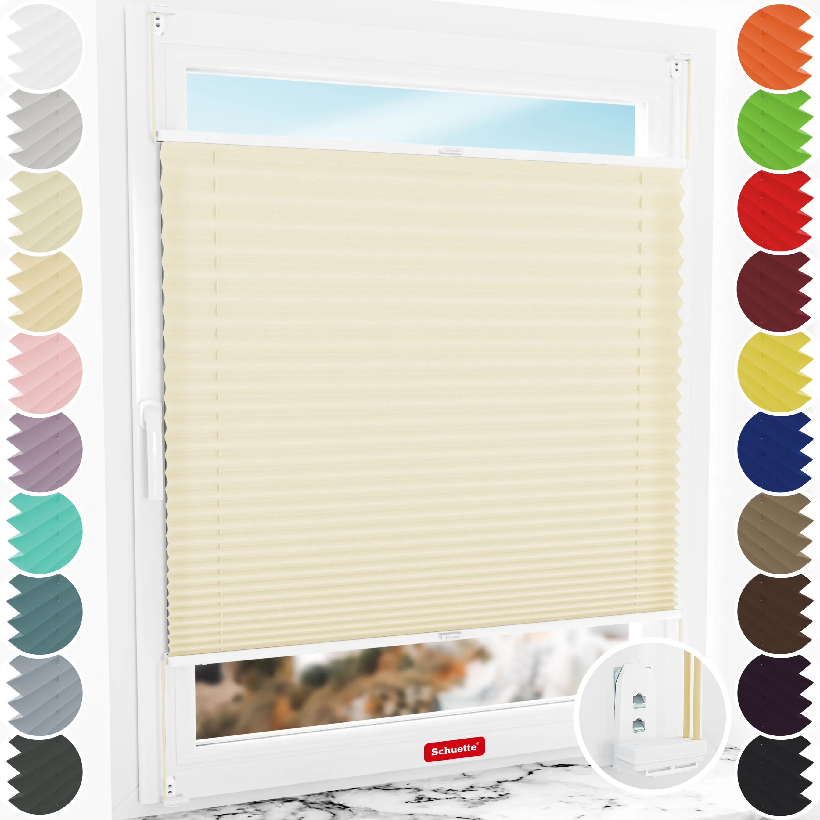 Schuette® Plissee mit Bohren nach Maß • Suprafix "Double 2in1" Schraub- & Klemmhalter • Premium Kollektion: Sahara's Sand • Profilfarbe: Weiß