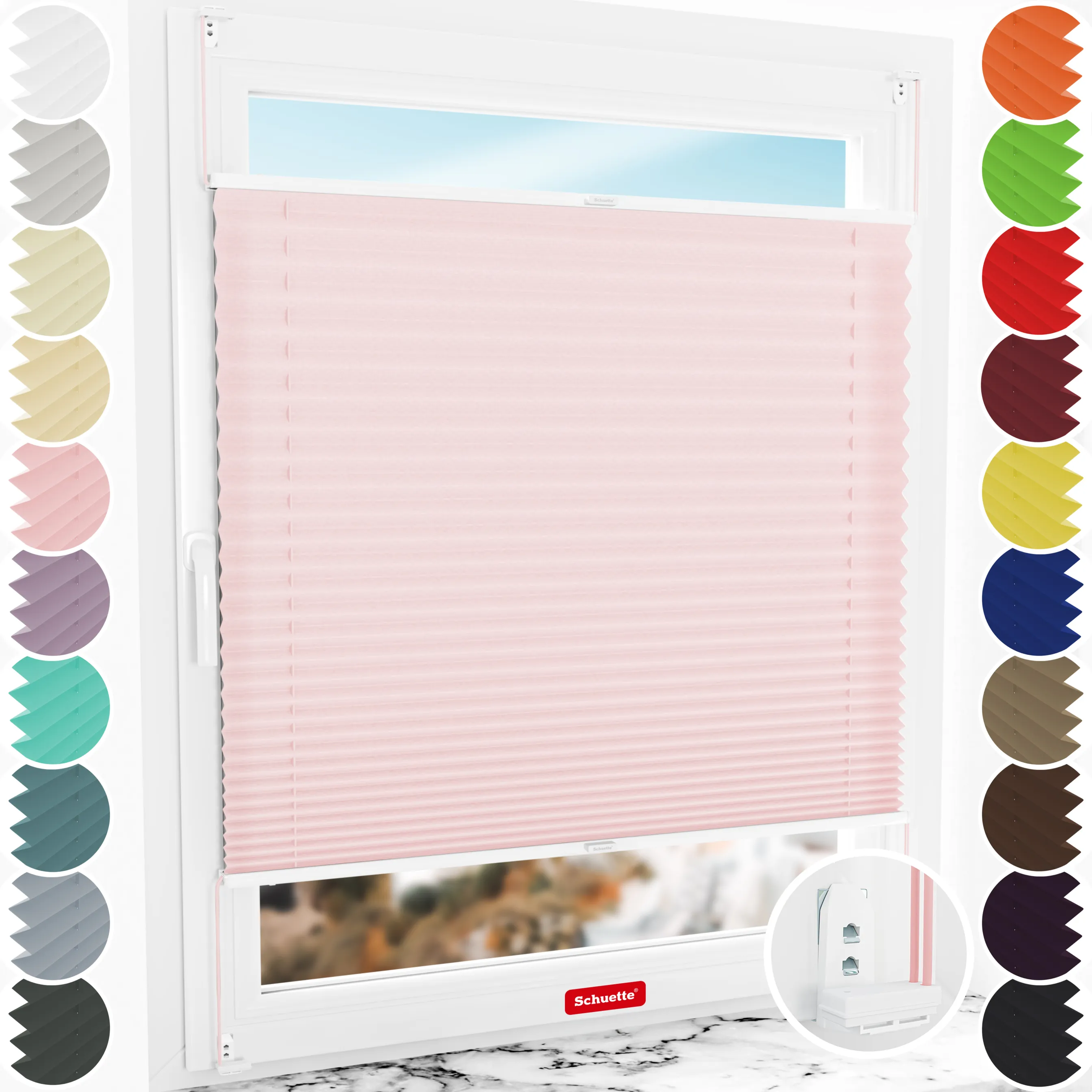 Schuette® Plissee mit Bohren nach Maß • Suprafix "Double 2in1" Schraub- & Klemmhalter • Premium Kollektion: Powdered Rose (Rosa) • Profilfarbe: Weiß
