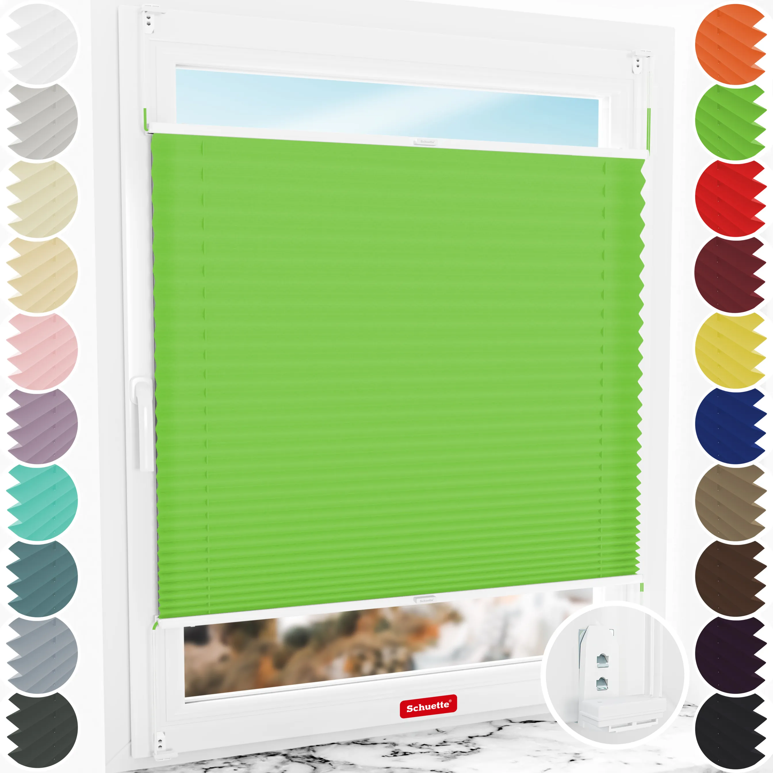 Schuette® Plissee mit Bohren nach Maß • Suprafix "Double 2in1" Schraub- & Klemmhalter • Premium Kollektion: Green Meadow (Grün) • Profilfarbe: Weiß