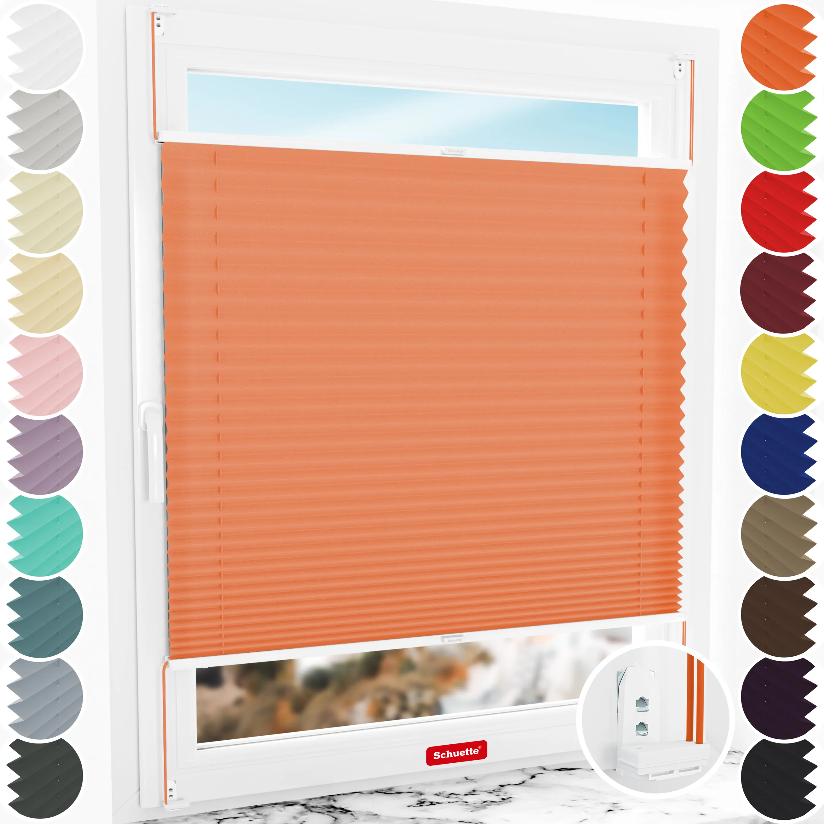 Schuette® Plissee mit Bohren nach Maß • Suprafix "Double 2in1" Schraub- & Klemmhalter • Premium Kollektion: Sunset (Orange) • Profilfarbe: Weiß