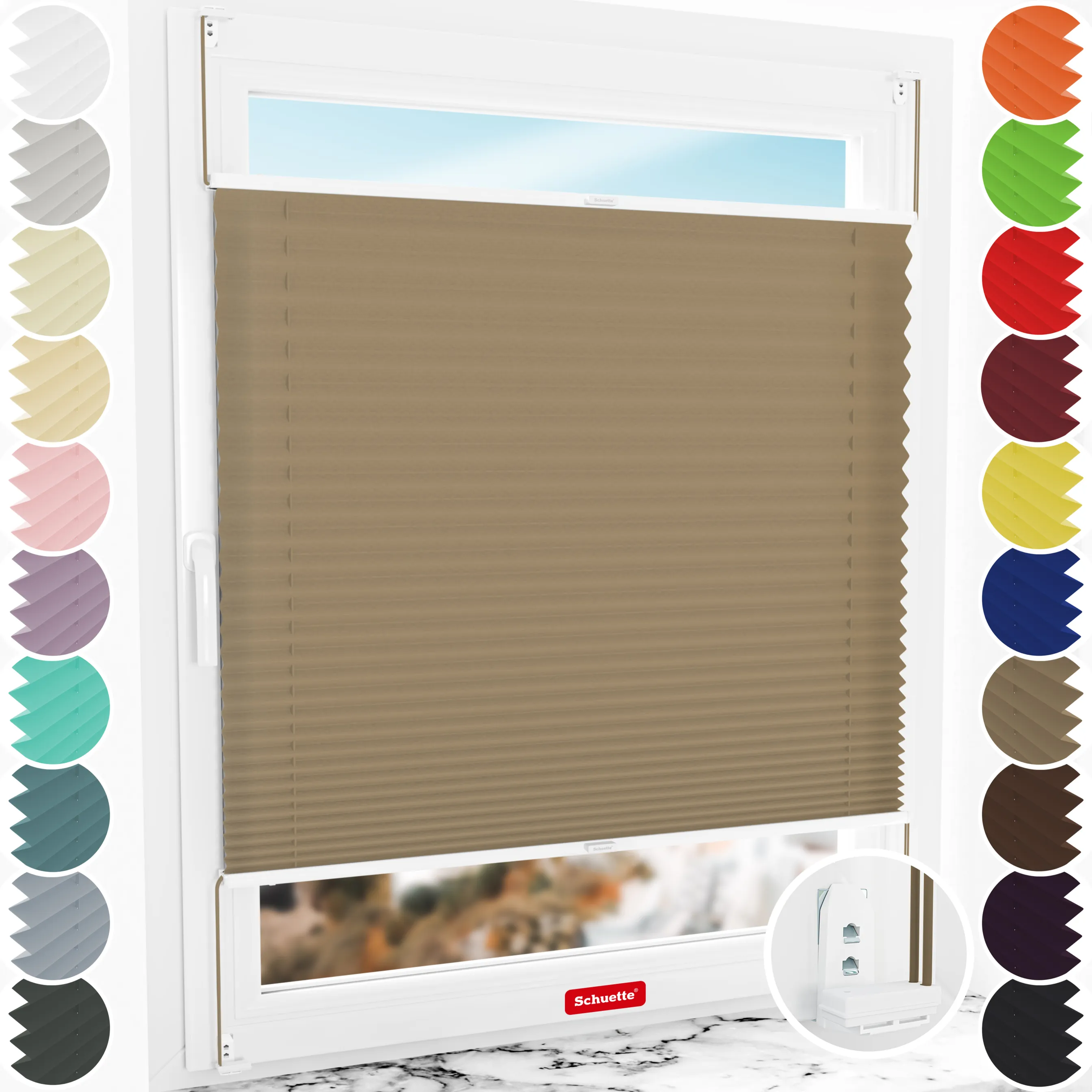 Schuette® Plissee mit Bohren nach Maß • Suprafix "Double 2in1" Schraub- & Klemmhalter • Premium Kollektion: Morning Coffee (Hellbraun) • Profilfarbe: Weiß