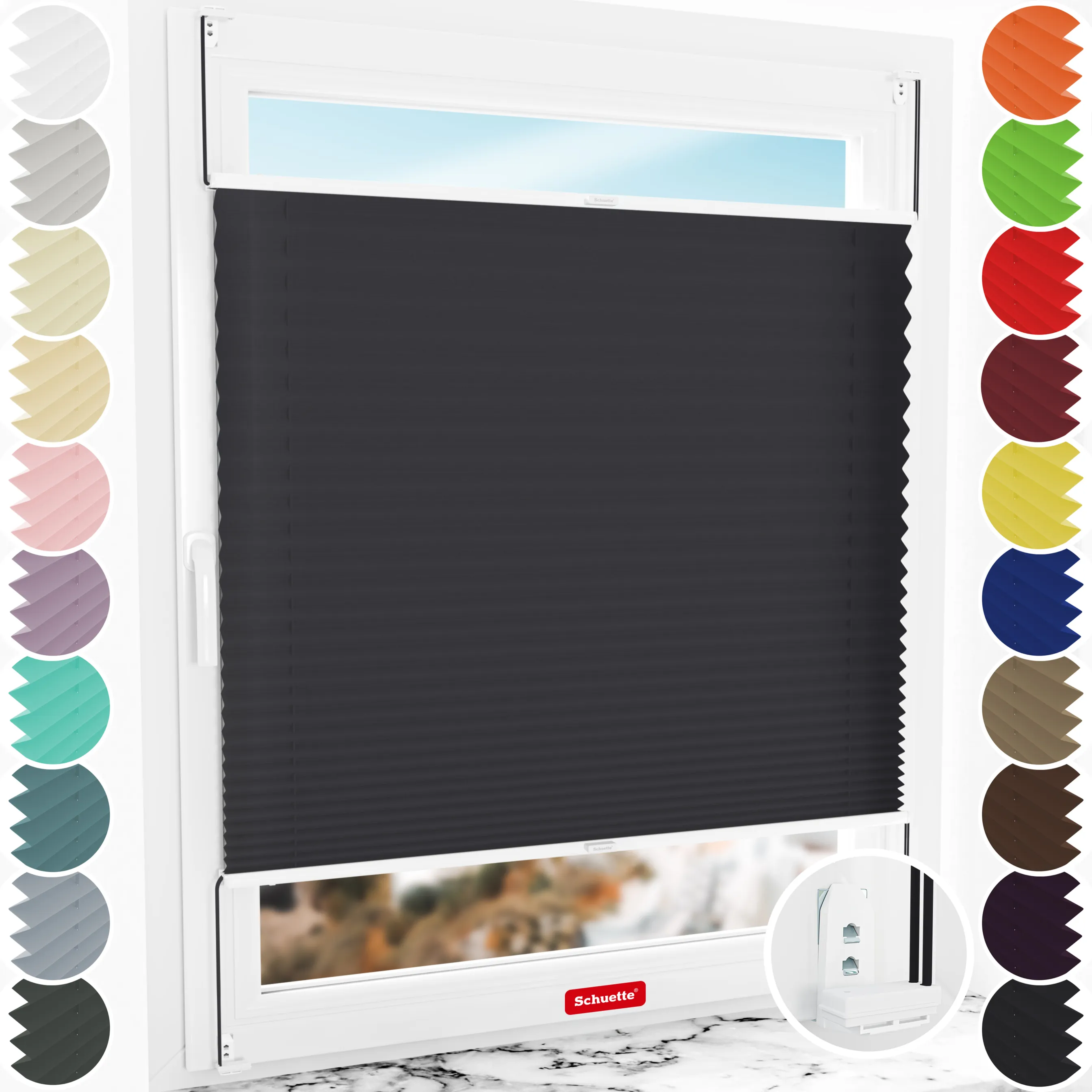 Schuette® Plissee mit Bohren nach Maß • Suprafix "Double 2in1" Schraub- & Klemmhalter • Premium Kollektion: Silesian Coal (Schwarz) • Profilfarbe: Weiß