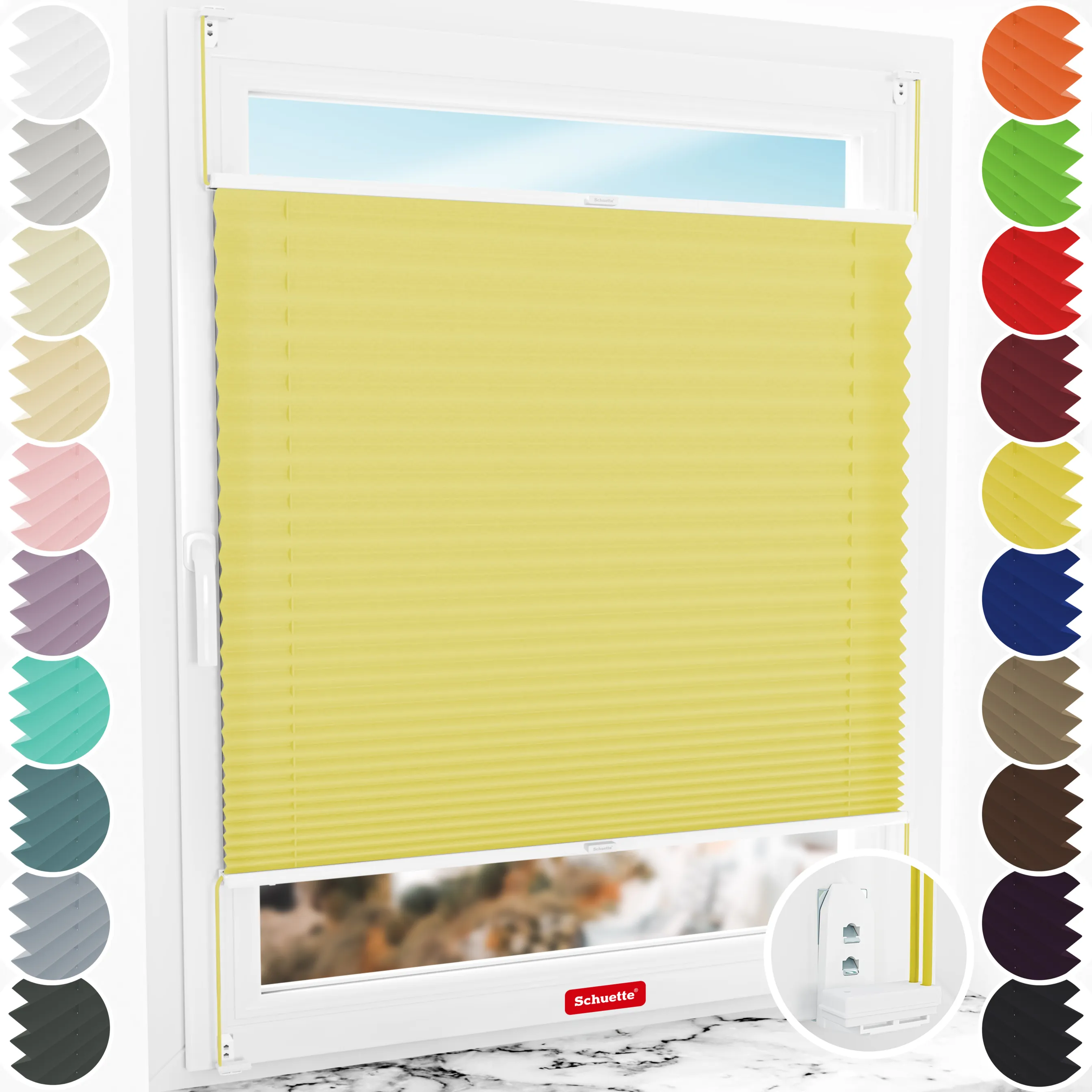 Schuette® Plissee mit Bohren nach Maß • Suprafix "Double 2in1" Schraub- & Klemmhalter • Premium Kollektion: Summer Time (Gelb) • Profilfarbe: Weiß