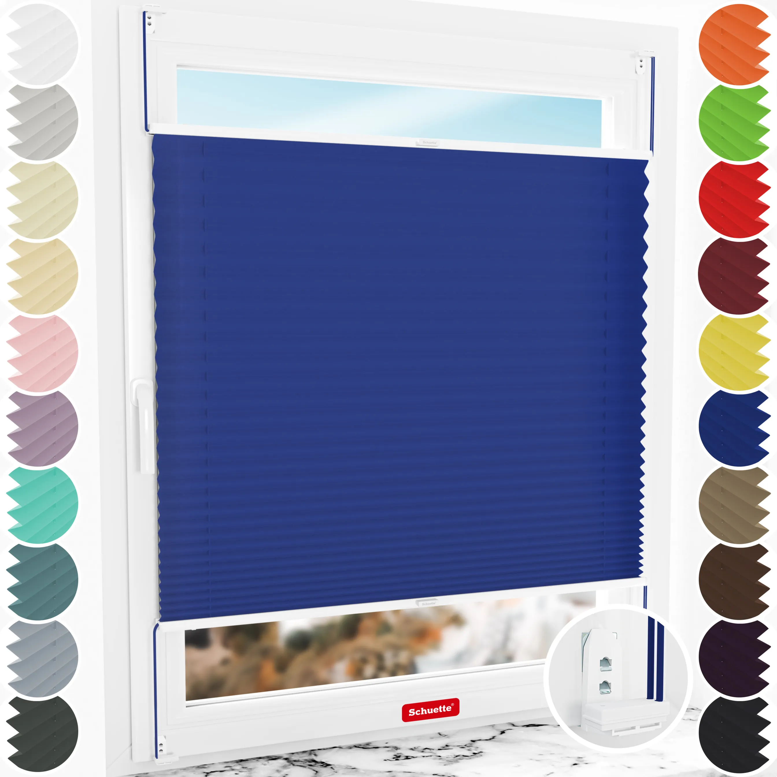 Schuette® Plissee mit Bohren nach Maß • Suprafix "Double 2in1" Schraub- & Klemmhalter • Premium Kollektion: Deep Lagoon (Blau) • Profilfarbe: Weiß