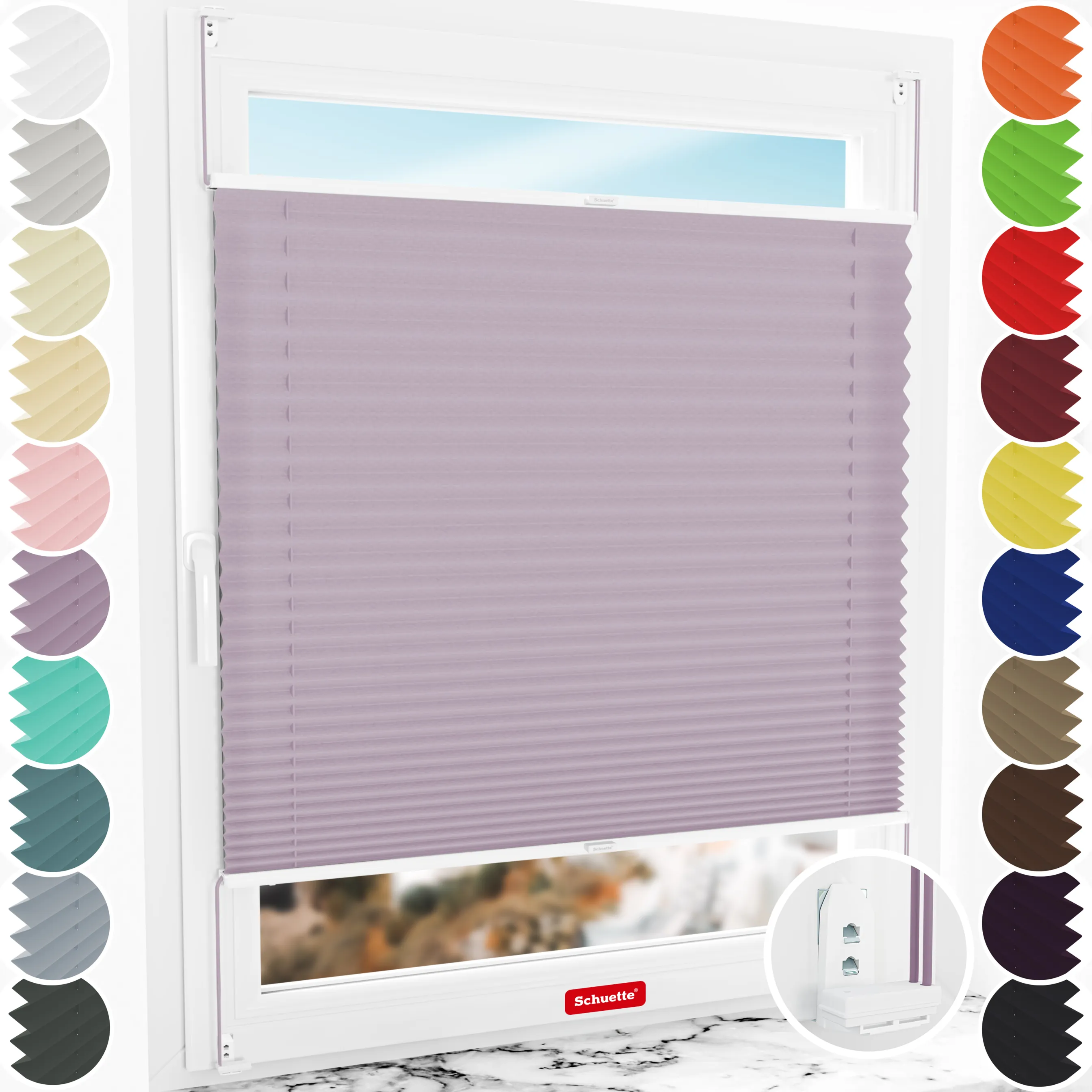 Schuette® Plissee mit Bohren nach Maß • Suprafix "Double 2in1" Schraub- & Klemmhalter • Premium Kollektion: Plum Charm (Lila) • Profilfarbe: Weiß