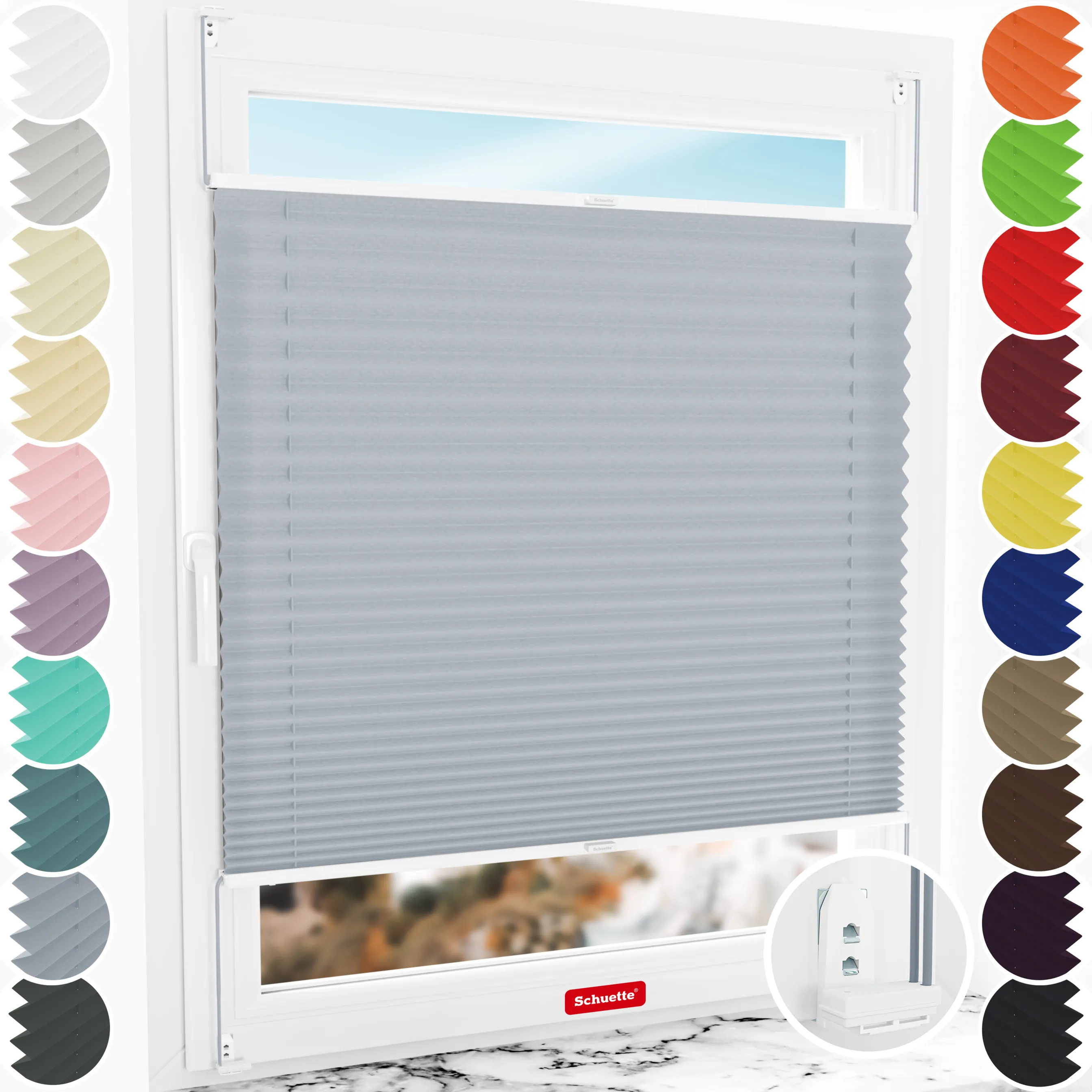 Schuette® Plissee mit Bohren nach Maß • Suprafix "Double 2in1" Schraub- & Klemmhalter • Premium Kollektion: Silver Sonata (Grau) • Profilfarbe: Weiß