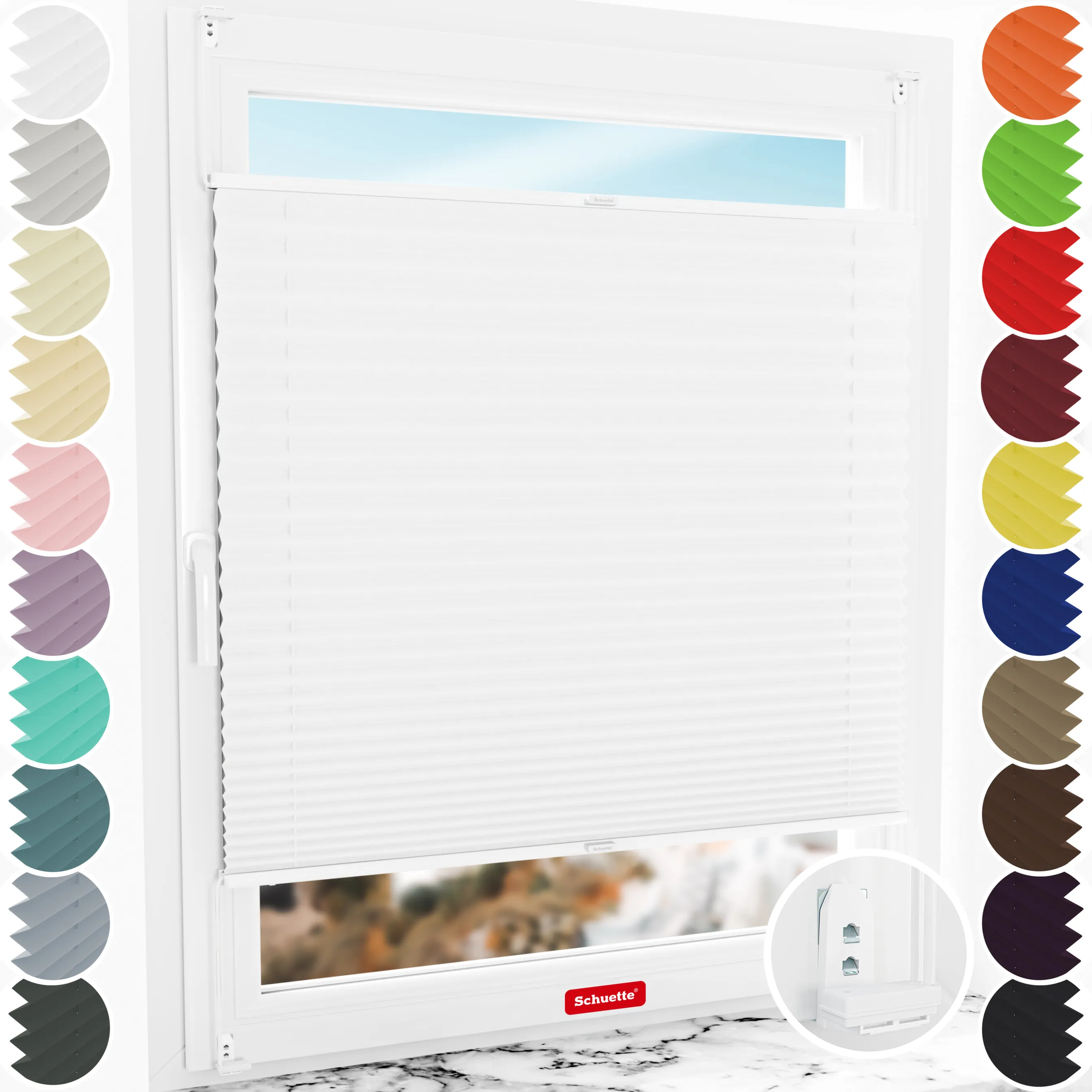 Schuette® Plissee mit Bohren nach Maß • Suprafix "Double 2in1" Schraub- & Klemmhalter • Thermo Kollektion: White Day (Weiß) • Profilfarbe: Weiß