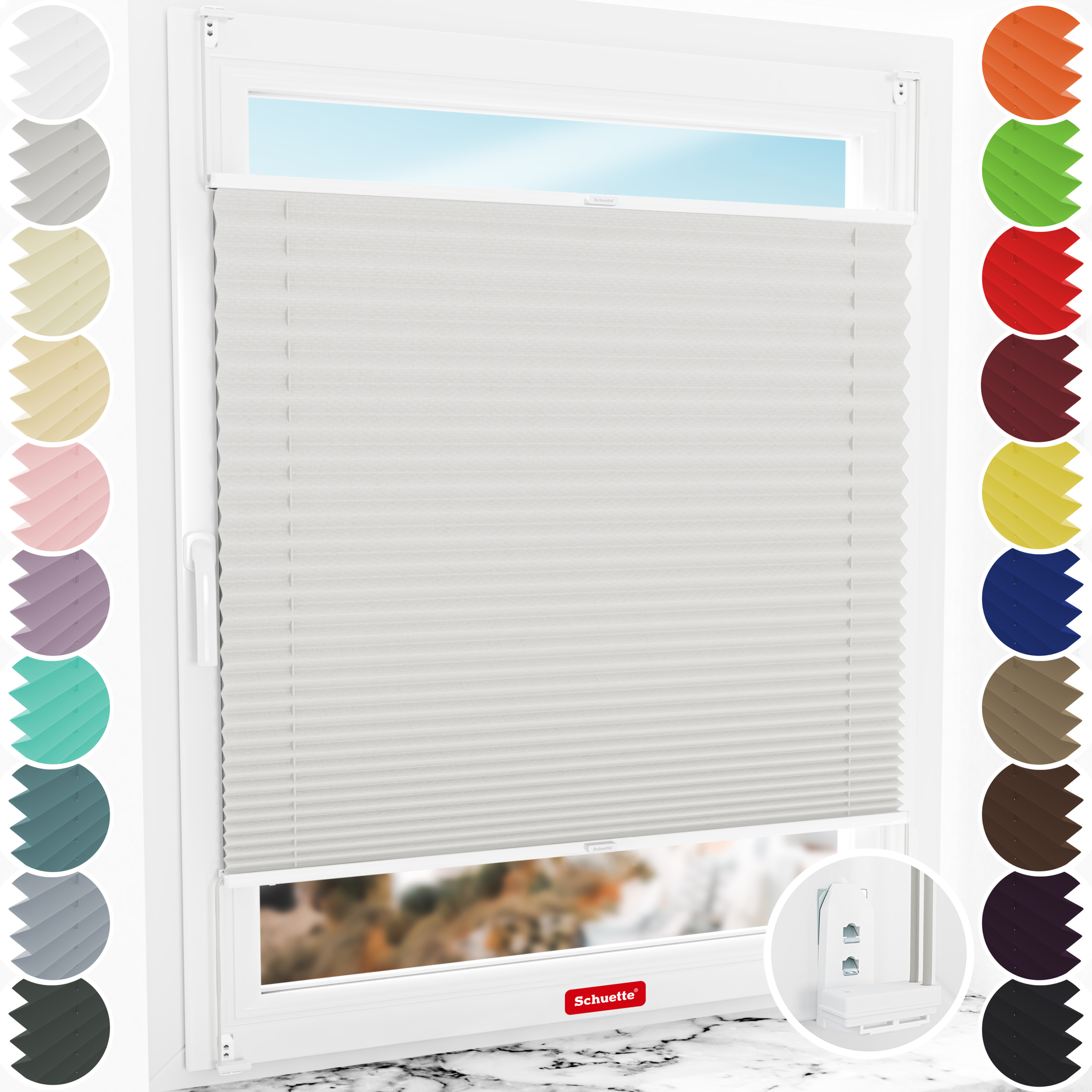 Schuette® Plissee mit Bohren nach Maß • Suprafix "Double 2in1" Schraub- & Klemmhalter • Thermo Kollektion: Spring Cloud (Grau) • Profilfarbe: Weiß