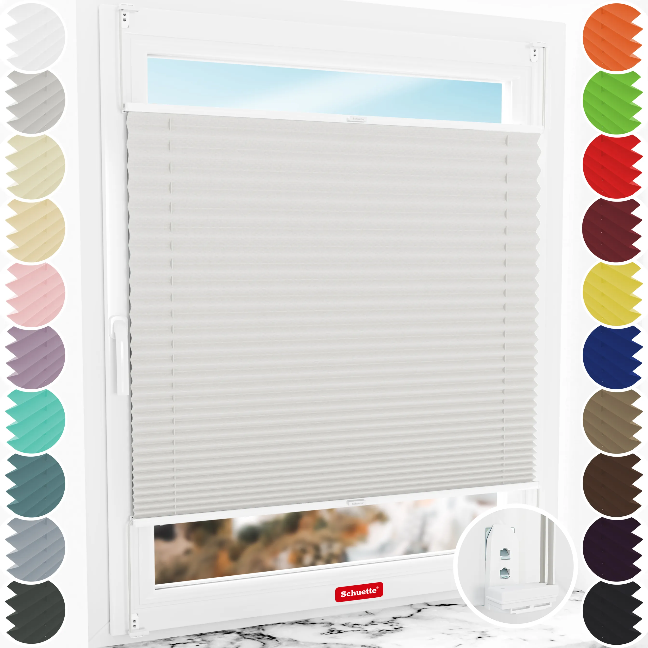 Schuette® Plissee mit Bohren nach Maß • Suprafix "Double 2in1" Schraub- & Klemmhalter • Thermo Kollektion: Spring Cloud (Grau) • Profilfarbe: Weiß