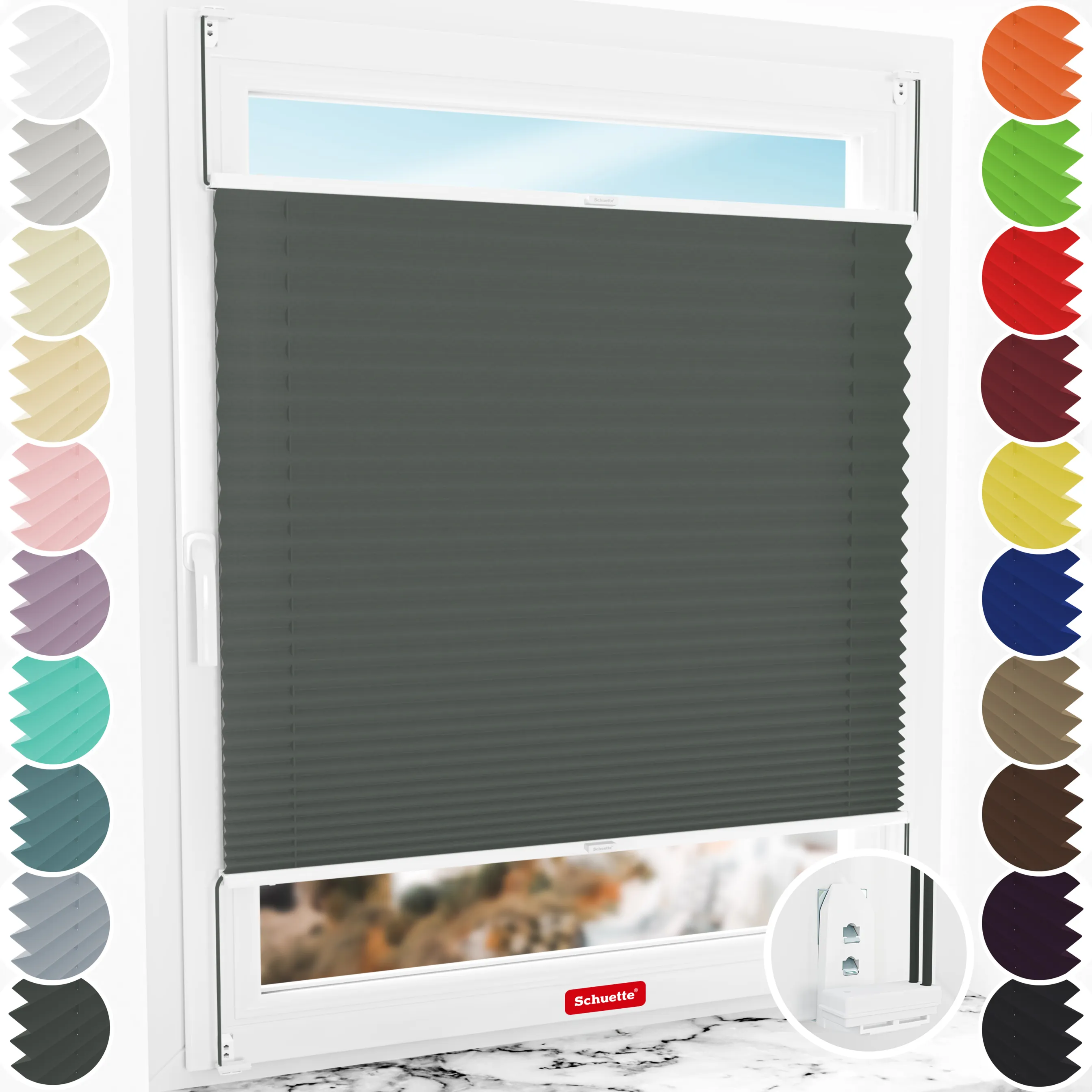 Schuette® Plissee mit Bohren nach Maß • Suprafix "Double 2in1" Schraub- & Klemmhalter • Thermo Kollektion: Before Storm (Grau) • Profilfarbe: Weiß