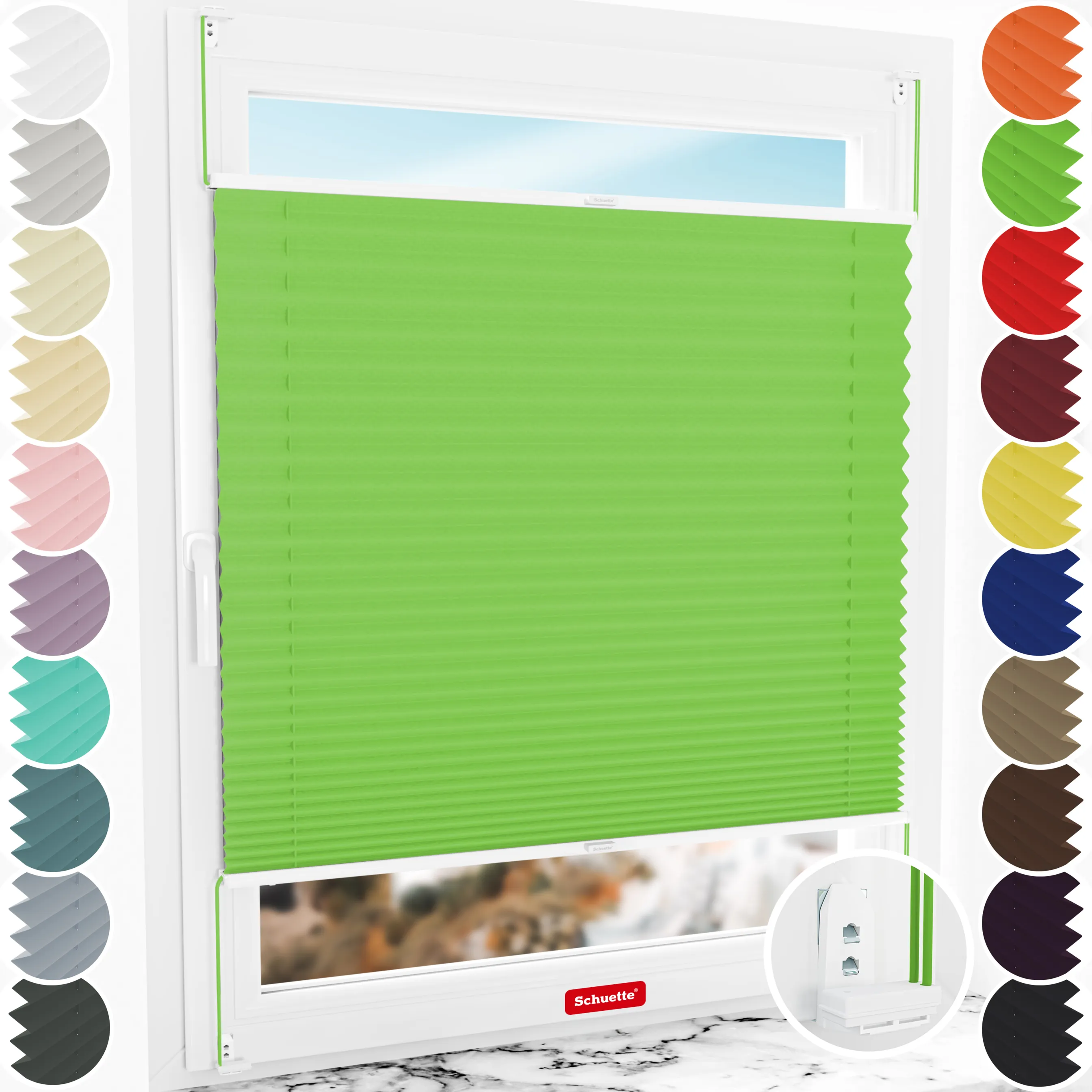 Schuette® Plissee mit Bohren nach Maß • Suprafix "Double 2in1" Schraub- & Klemmhalter • Thermo Kollektion: Leaf Joy (Grün) • Profilfarbe: Weiß