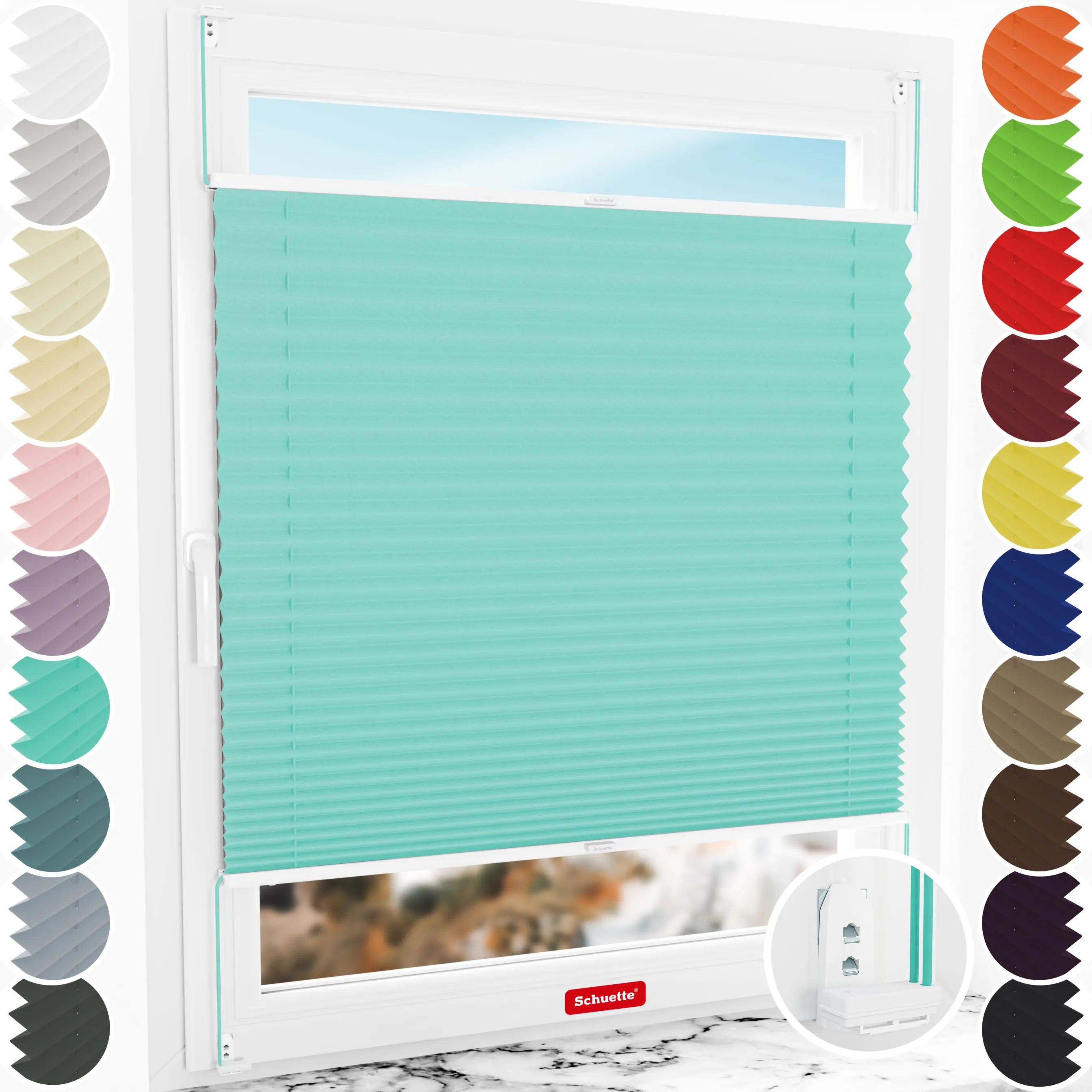 Schuette® Plissee mit Bohren nach Maß • Suprafix "Double 2in1" Schraub- & Klemmhalter • Thermo Kollektion: Tide Tune (Türkis) • Profilfarbe: Weiß
