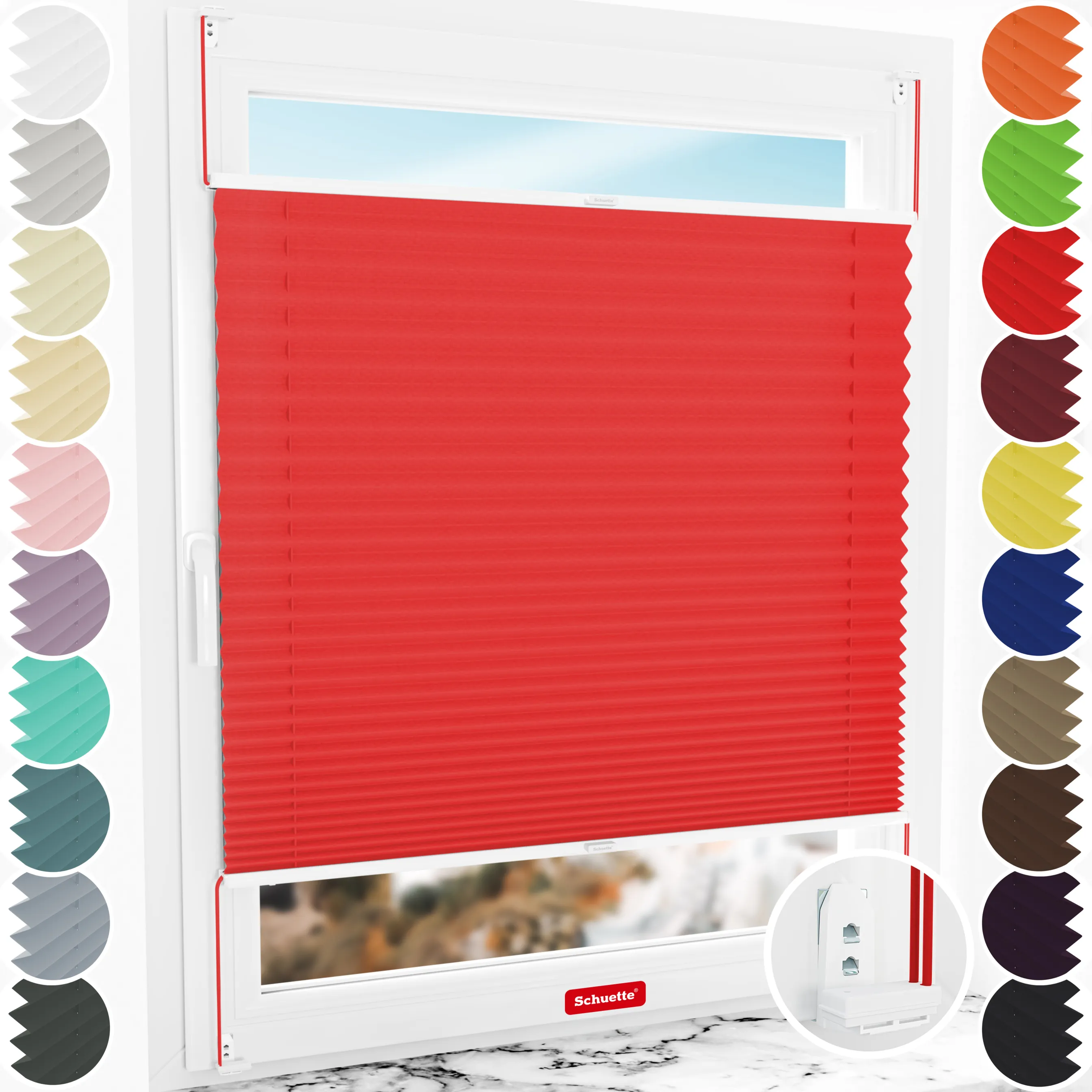 Schuette® Plissee mit Bohren nach Maß • Suprafix "Double 2in1" Schraub- & Klemmhalter • Thermo Kollektion: Cherry Charm (Rot) • Profilfarbe: Weiß