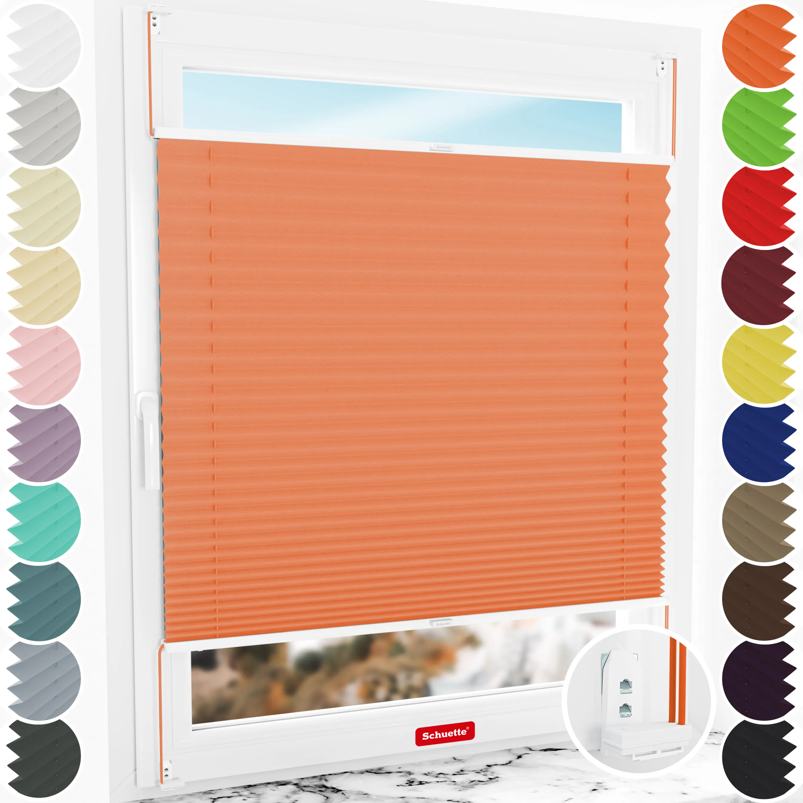 Schuette® Plissee mit Bohren nach Maß • Suprafix "Double 2in1" Schraub- & Klemmhalter • Thermo Kollektion: Peach (Orange) • Profilfarbe: Weiß
