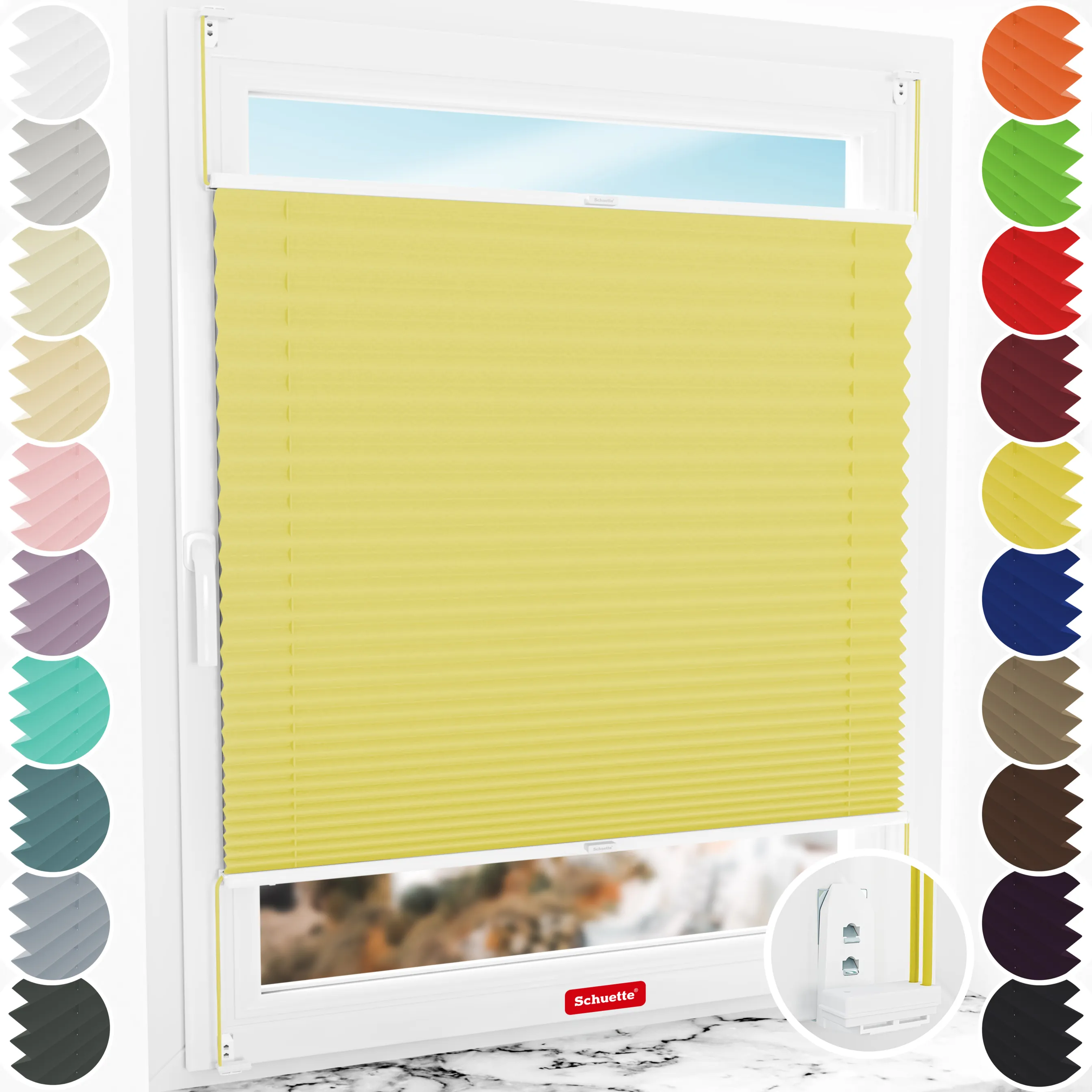 Schuette® Plissee mit Bohren nach Maß • Suprafix "Double 2in1" Schraub- & Klemmhalter • Thermo Kollektion: Sunflower (Gelb) • Profilfarbe: Weiß