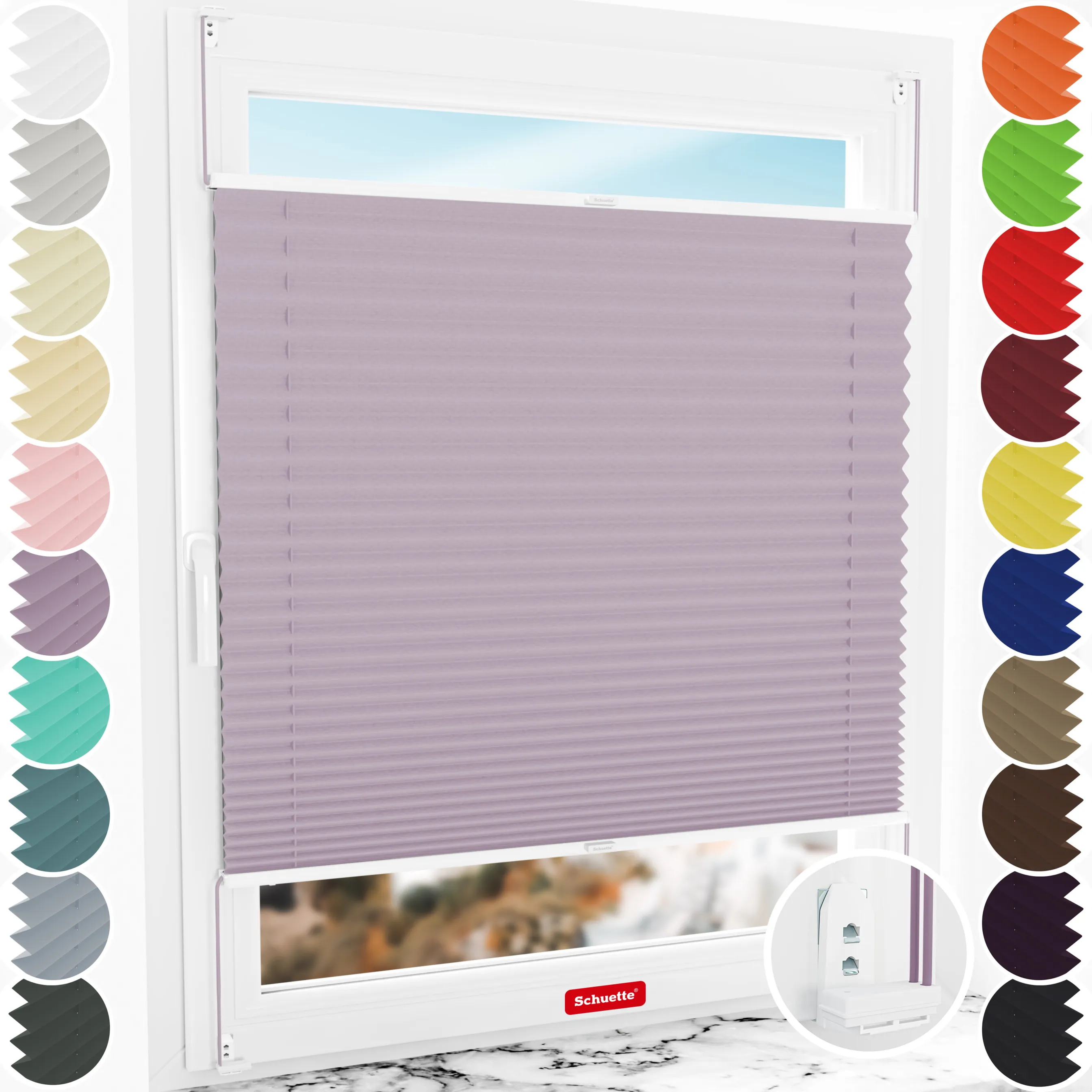 Schuette® Plissee mit Bohren nach Maß • Suprafix "Double 2in1" Schraub- & Klemmhalter • Thermo Kollektion: Pastel Grape (Lila) • Profilfarbe: Weiß